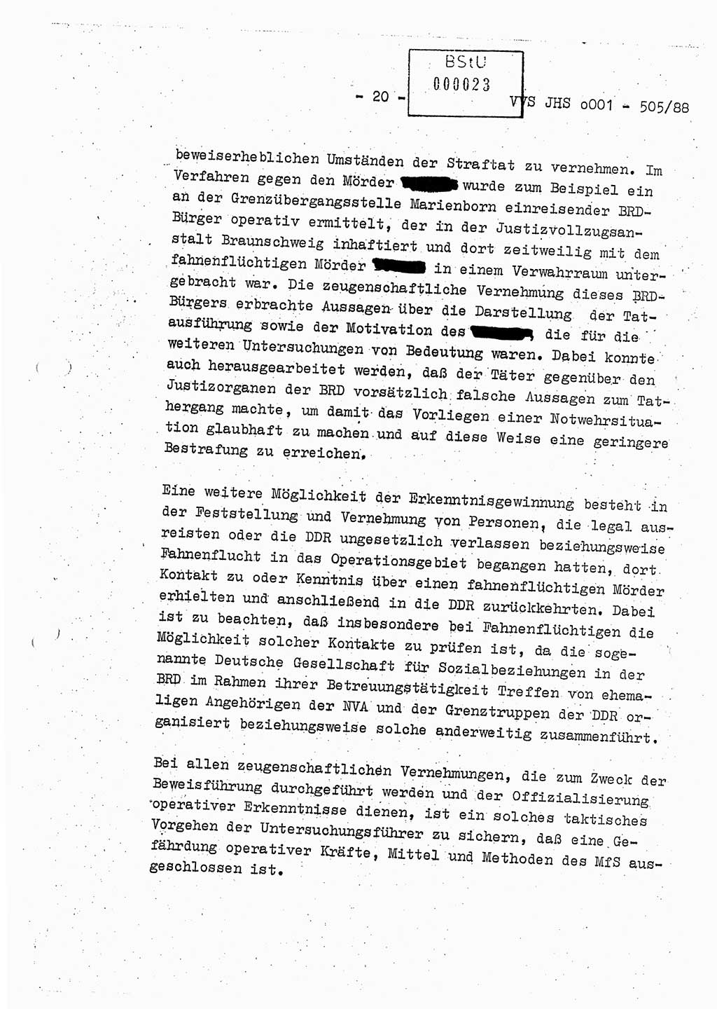 Diplomarbeit Leutnant Frank Schulze (HA Ⅸ/9), Ministerium für Staatssicherheit (MfS) [Deutsche Demokratische Republik (DDR)], Juristische Hochschule (JHS), Vertrauliche Verschlußsache (VVS) o001-505/88, Potsdam 1988, Seite 20 (Dipl.-Arb. MfS DDR JHS VVS o001-505/88 1988, S. 20)