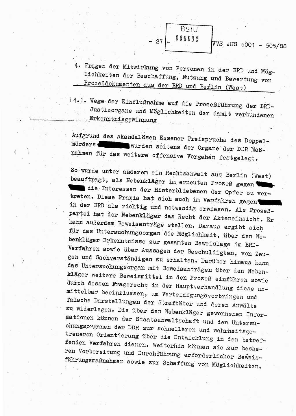 Diplomarbeit Leutnant Frank Schulze (HA Ⅸ/9), Ministerium für Staatssicherheit (MfS) [Deutsche Demokratische Republik (DDR)], Juristische Hochschule (JHS), Vertrauliche Verschlußsache (VVS) o001-505/88, Potsdam 1988, Seite 27 (Dipl.-Arb. MfS DDR JHS VVS o001-505/88 1988, S. 27)
