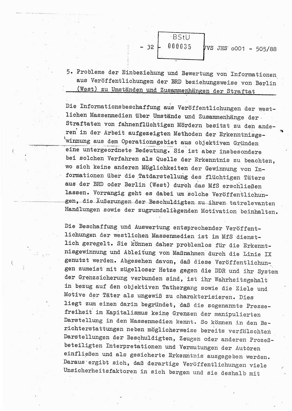 Diplomarbeit Leutnant Frank Schulze (HA Ⅸ/9), Ministerium für Staatssicherheit (MfS) [Deutsche Demokratische Republik (DDR)], Juristische Hochschule (JHS), Vertrauliche Verschlußsache (VVS) o001-505/88, Potsdam 1988, Seite 32 (Dipl.-Arb. MfS DDR JHS VVS o001-505/88 1988, S. 32)