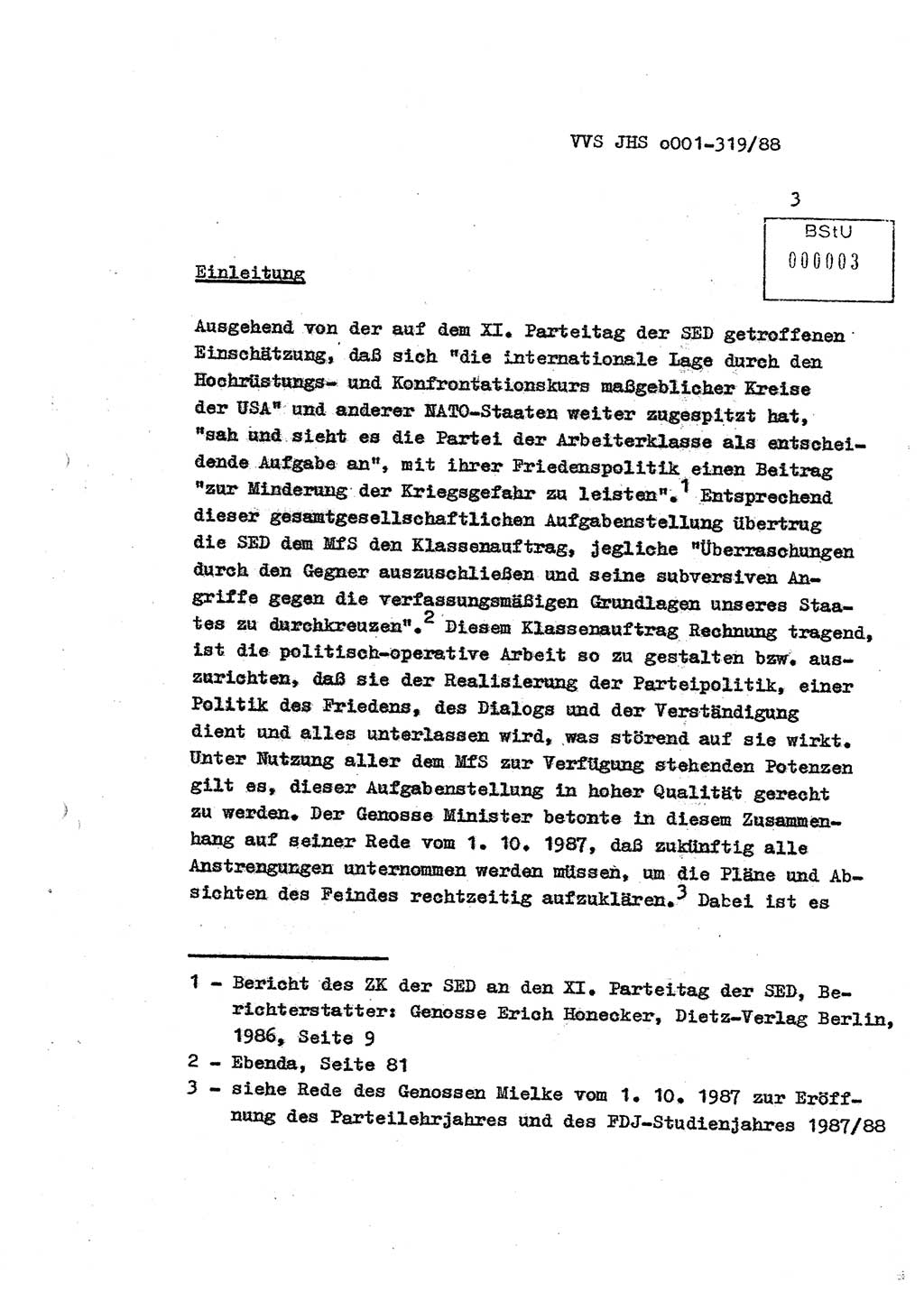 Diplomarbeit Offiziersschüler Holger Zirnstein (HA Ⅸ/9), Ministerium für Staatssicherheit (MfS) [Deutsche Demokratische Republik (DDR)], Juristische Hochschule (JHS), Vertrauliche Verschlußsache (VVS) o001-319/88, Potsdam 1988, Blatt 3 (Dipl.-Arb. MfS DDR JHS VVS o001-319/88 1988, Bl. 3)