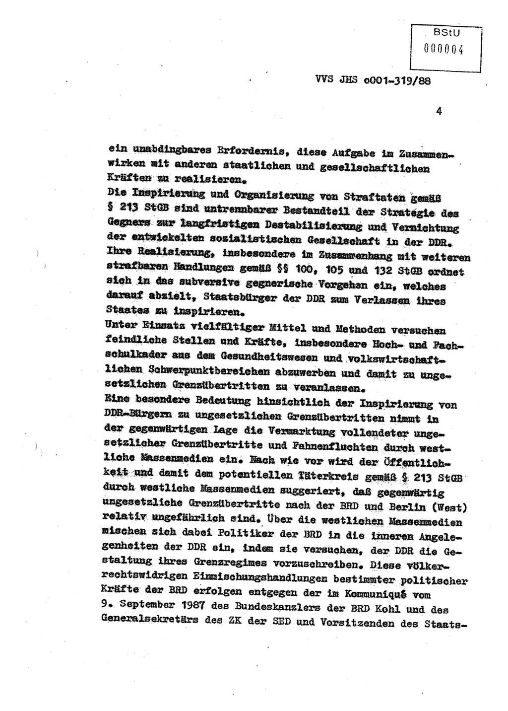 Diplomarbeit Offiziersschüler Holger Zirnstein (HA Ⅸ/9), Ministerium für Staatssicherheit (MfS) [Deutsche Demokratische Republik (DDR)], Juristische Hochschule (JHS), Vertrauliche Verschlußsache (VVS) o001-319/88, Potsdam 1988, Blatt 4 (Dipl.-Arb. MfS DDR JHS VVS o001-319/88 1988, Bl. 4)