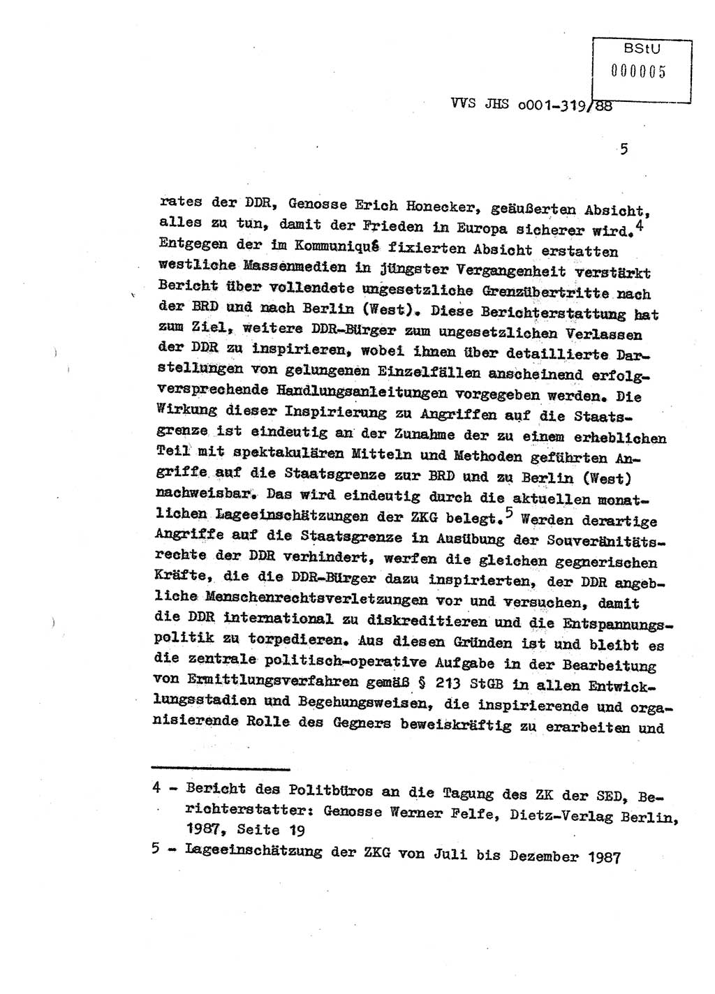 Diplomarbeit Offiziersschüler Holger Zirnstein (HA Ⅸ/9), Ministerium für Staatssicherheit (MfS) [Deutsche Demokratische Republik (DDR)], Juristische Hochschule (JHS), Vertrauliche Verschlußsache (VVS) o001-319/88, Potsdam 1988, Blatt 5 (Dipl.-Arb. MfS DDR JHS VVS o001-319/88 1988, Bl. 5)