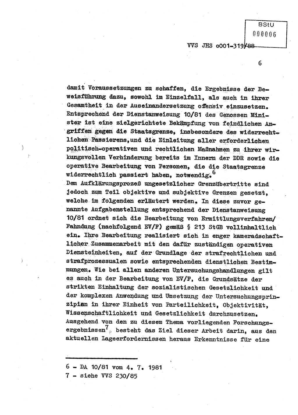 Diplomarbeit Offiziersschüler Holger Zirnstein (HA Ⅸ/9), Ministerium für Staatssicherheit (MfS) [Deutsche Demokratische Republik (DDR)], Juristische Hochschule (JHS), Vertrauliche Verschlußsache (VVS) o001-319/88, Potsdam 1988, Blatt 6 (Dipl.-Arb. MfS DDR JHS VVS o001-319/88 1988, Bl. 6)