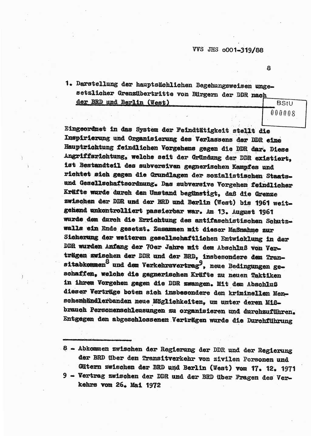 Diplomarbeit Offiziersschüler Holger Zirnstein (HA Ⅸ/9), Ministerium für Staatssicherheit (MfS) [Deutsche Demokratische Republik (DDR)], Juristische Hochschule (JHS), Vertrauliche Verschlußsache (VVS) o001-319/88, Potsdam 1988, Blatt 8 (Dipl.-Arb. MfS DDR JHS VVS o001-319/88 1988, Bl. 8)