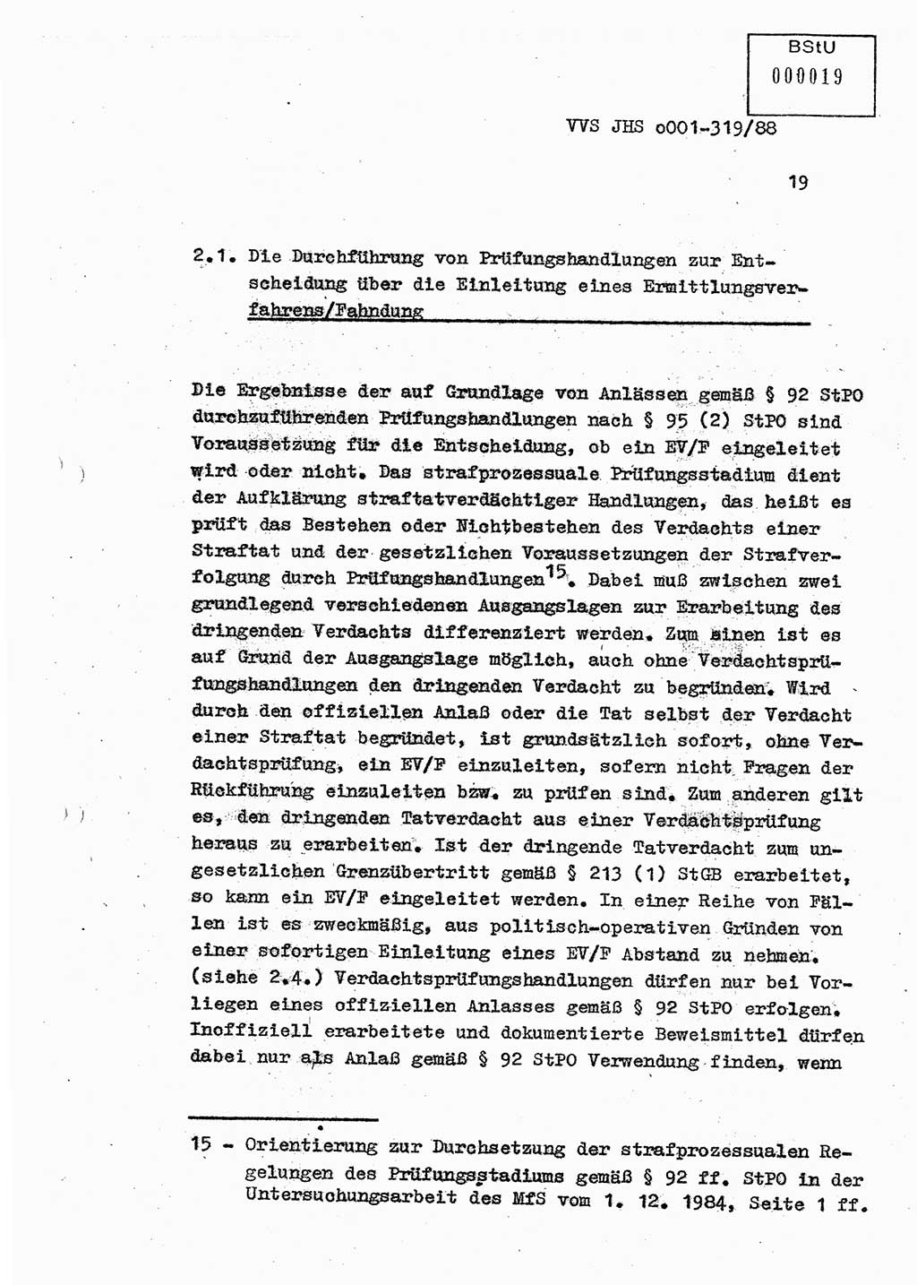 Diplomarbeit Offiziersschüler Holger Zirnstein (HA Ⅸ/9), Ministerium für Staatssicherheit (MfS) [Deutsche Demokratische Republik (DDR)], Juristische Hochschule (JHS), Vertrauliche Verschlußsache (VVS) o001-319/88, Potsdam 1988, Blatt 19 (Dipl.-Arb. MfS DDR JHS VVS o001-319/88 1988, Bl. 19)