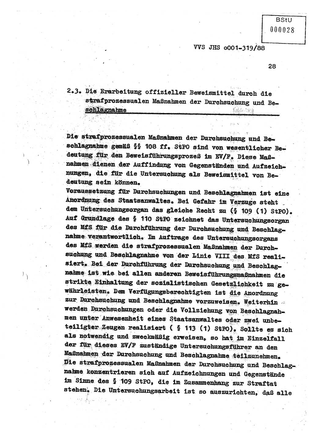 Diplomarbeit Offiziersschüler Holger Zirnstein (HA Ⅸ/9), Ministerium für Staatssicherheit (MfS) [Deutsche Demokratische Republik (DDR)], Juristische Hochschule (JHS), Vertrauliche Verschlußsache (VVS) o001-319/88, Potsdam 1988, Blatt 28 (Dipl.-Arb. MfS DDR JHS VVS o001-319/88 1988, Bl. 28)