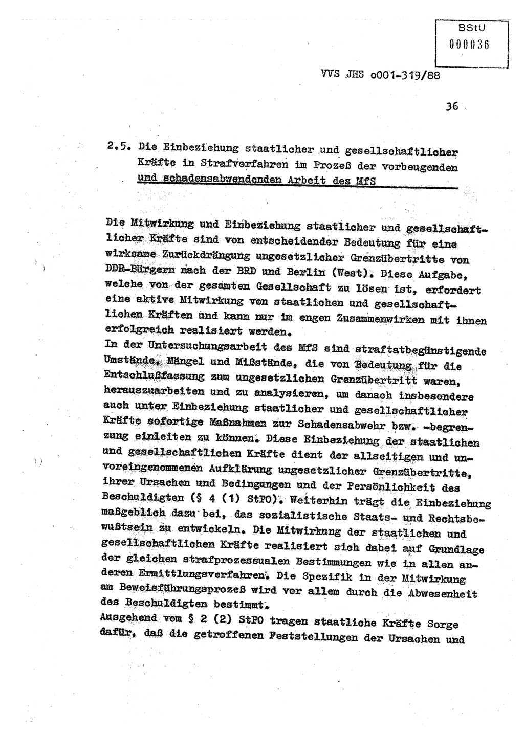 Diplomarbeit Offiziersschüler Holger Zirnstein (HA Ⅸ/9), Ministerium für Staatssicherheit (MfS) [Deutsche Demokratische Republik (DDR)], Juristische Hochschule (JHS), Vertrauliche Verschlußsache (VVS) o001-319/88, Potsdam 1988, Blatt 36 (Dipl.-Arb. MfS DDR JHS VVS o001-319/88 1988, Bl. 36)