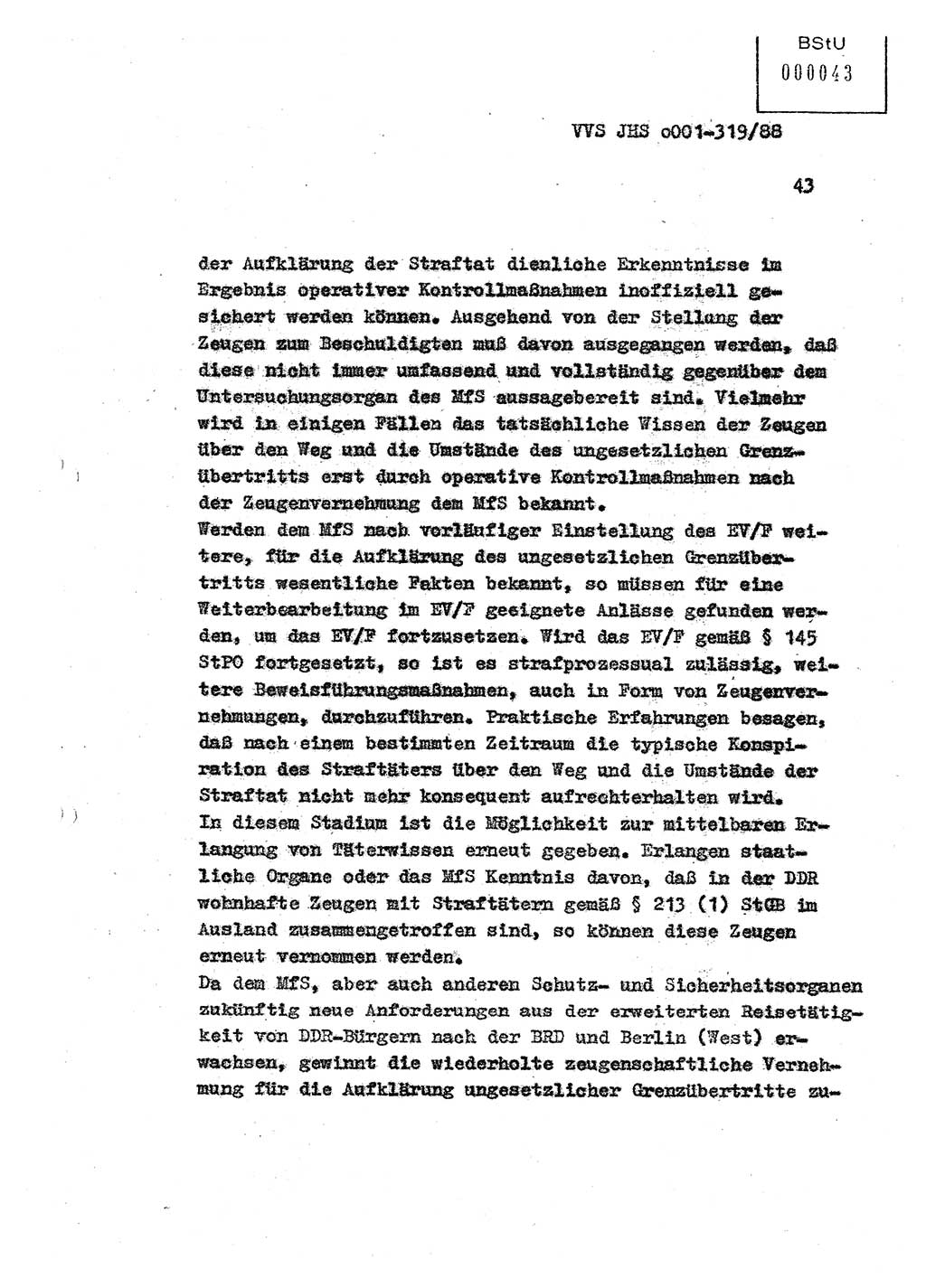 Diplomarbeit Offiziersschüler Holger Zirnstein (HA Ⅸ/9), Ministerium für Staatssicherheit (MfS) [Deutsche Demokratische Republik (DDR)], Juristische Hochschule (JHS), Vertrauliche Verschlußsache (VVS) o001-319/88, Potsdam 1988, Blatt 43 (Dipl.-Arb. MfS DDR JHS VVS o001-319/88 1988, Bl. 43)