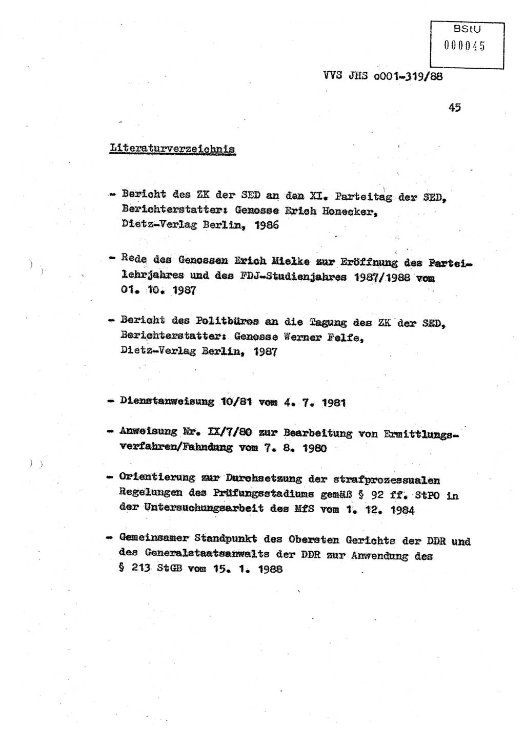 Diplomarbeit Offiziersschüler Holger Zirnstein (HA Ⅸ/9), Ministerium für Staatssicherheit (MfS) [Deutsche Demokratische Republik (DDR)], Juristische Hochschule (JHS), Vertrauliche Verschlußsache (VVS) o001-319/88, Potsdam 1988, Blatt 45 (Dipl.-Arb. MfS DDR JHS VVS o001-319/88 1988, Bl. 45)