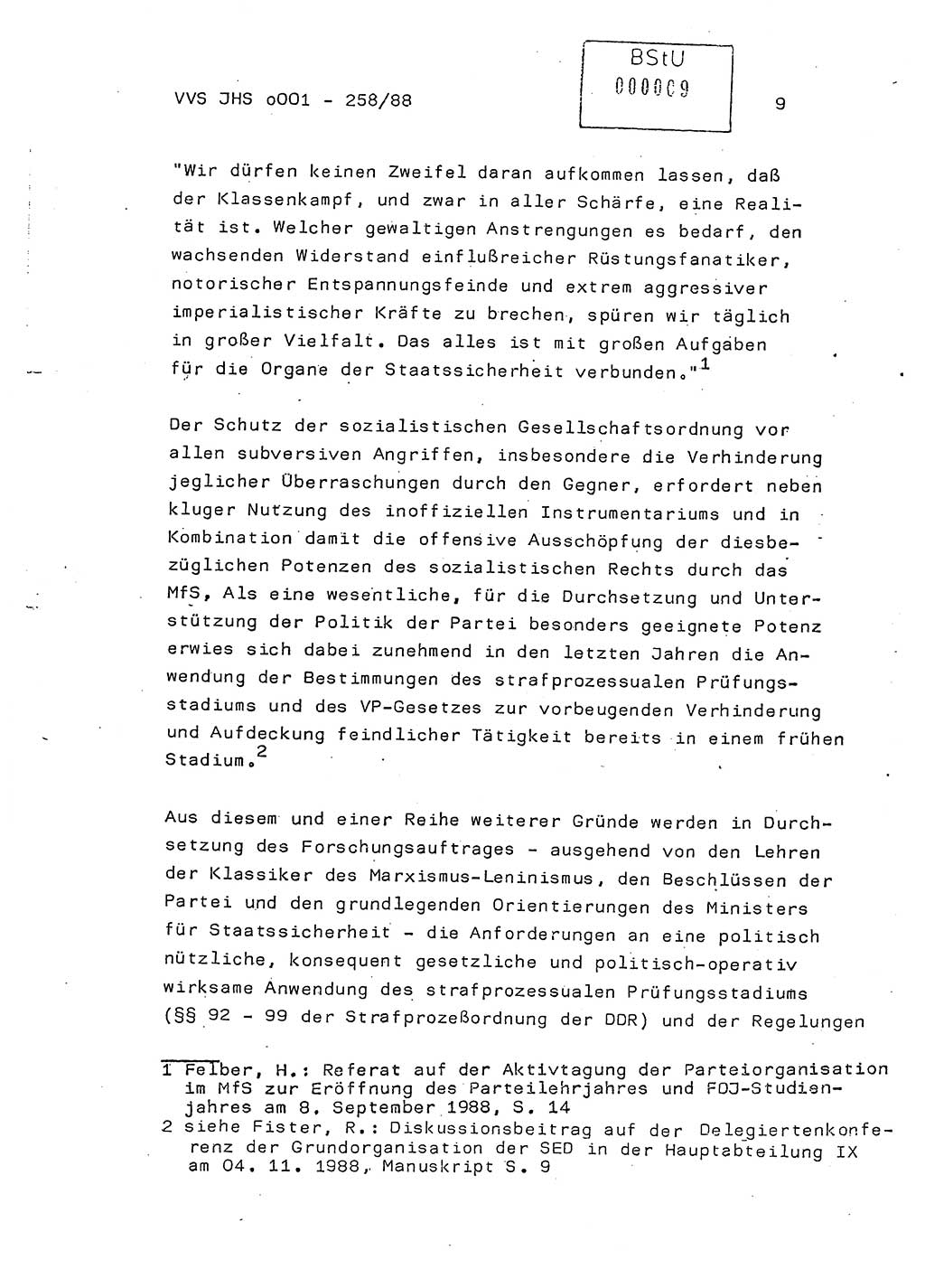 Dissertation, Oberleutnant Uwe Kärsten (JHS), Hauptmann Dr. Joachim Henkel (JHS), Oberstleutnant Werner Mählitz (Leiter der Abt. Ⅸ BV Rostock), Oberstleutnant Jürgen Tröge (HA Ⅸ/AKG), Oberstleutnant Winfried Ziegler (HA Ⅸ/9), Major Wolf-Rüdiger Wurzler (JHS), Ministerium für Staatssicherheit (MfS) [Deutsche Demokratische Republik (DDR)], Juristische Hochschule (JHS), Vertrauliche Verschlußsache (VVS) o001-258/88, Potsdam 1988, Seite 9 (Diss. MfS DDR JHS VVS o001-258/88 1988, S. 9)