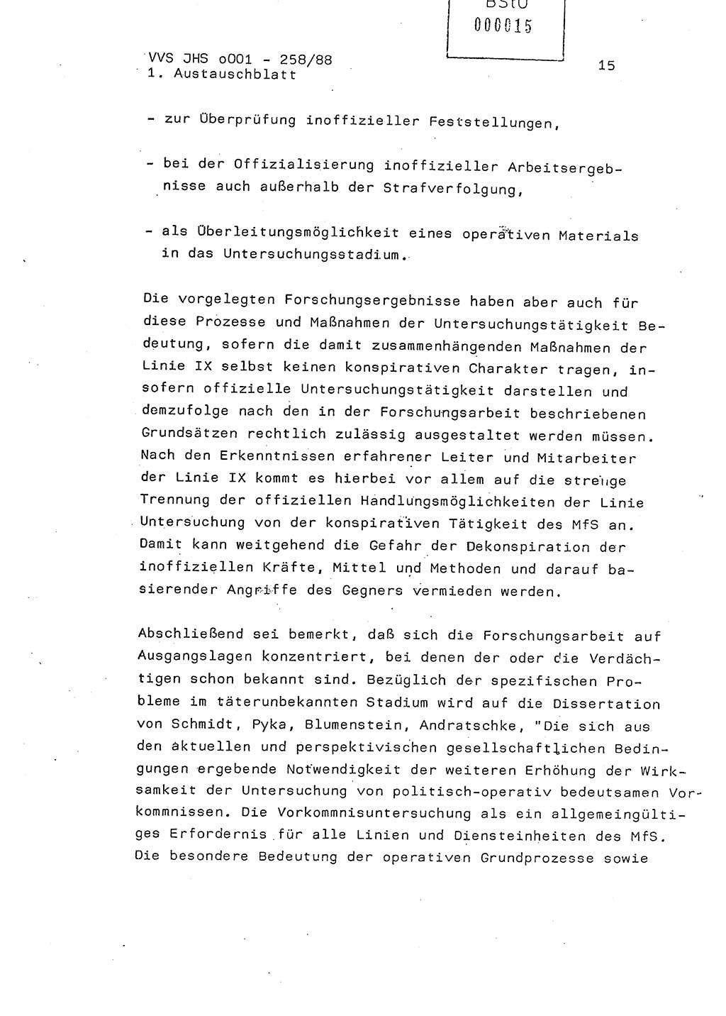 Dissertation, Oberleutnant Uwe Kärsten (JHS), Hauptmann Dr. Joachim Henkel (JHS), Oberstleutnant Werner Mählitz (Leiter der Abt. Ⅸ BV Rostock), Oberstleutnant Jürgen Tröge (HA Ⅸ/AKG), Oberstleutnant Winfried Ziegler (HA Ⅸ/9), Major Wolf-Rüdiger Wurzler (JHS), Ministerium für Staatssicherheit (MfS) [Deutsche Demokratische Republik (DDR)], Juristische Hochschule (JHS), Vertrauliche Verschlußsache (VVS) o001-258/88, Potsdam 1988, Seite 15 (Diss. MfS DDR JHS VVS o001-258/88 1988, S. 15)