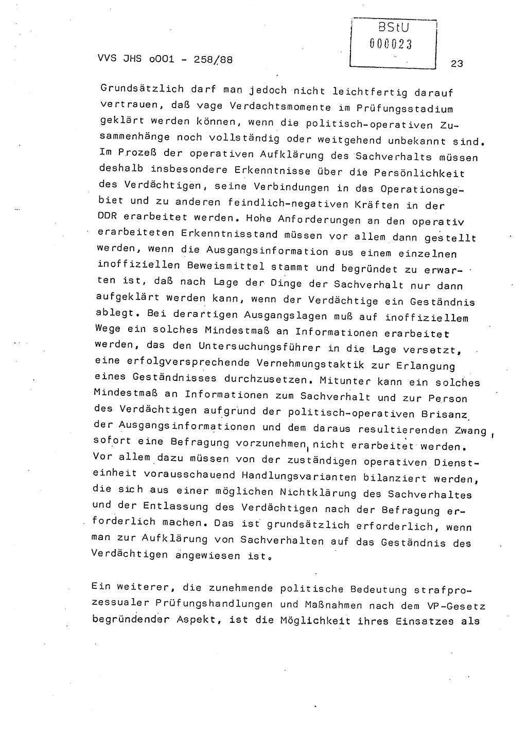 Dissertation, Oberleutnant Uwe Kärsten (JHS), Hauptmann Dr. Joachim Henkel (JHS), Oberstleutnant Werner Mählitz (Leiter der Abt. Ⅸ BV Rostock), Oberstleutnant Jürgen Tröge (HA Ⅸ/AKG), Oberstleutnant Winfried Ziegler (HA Ⅸ/9), Major Wolf-Rüdiger Wurzler (JHS), Ministerium für Staatssicherheit (MfS) [Deutsche Demokratische Republik (DDR)], Juristische Hochschule (JHS), Vertrauliche Verschlußsache (VVS) o001-258/88, Potsdam 1988, Seite 23 (Diss. MfS DDR JHS VVS o001-258/88 1988, S. 23)