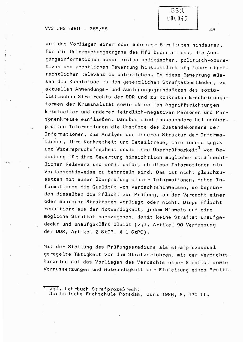 Dissertation, Oberleutnant Uwe Kärsten (JHS), Hauptmann Dr. Joachim Henkel (JHS), Oberstleutnant Werner Mählitz (Leiter der Abt. Ⅸ BV Rostock), Oberstleutnant Jürgen Tröge (HA Ⅸ/AKG), Oberstleutnant Winfried Ziegler (HA Ⅸ/9), Major Wolf-Rüdiger Wurzler (JHS), Ministerium für Staatssicherheit (MfS) [Deutsche Demokratische Republik (DDR)], Juristische Hochschule (JHS), Vertrauliche Verschlußsache (VVS) o001-258/88, Potsdam 1988, Seite 45 (Diss. MfS DDR JHS VVS o001-258/88 1988, S. 45)