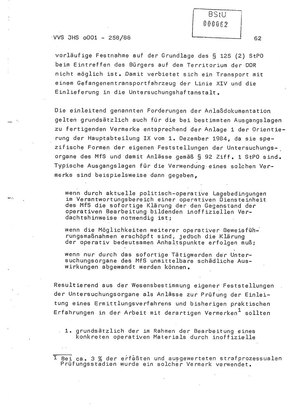 Dissertation, Oberleutnant Uwe Kärsten (JHS), Hauptmann Dr. Joachim Henkel (JHS), Oberstleutnant Werner Mählitz (Leiter der Abt. Ⅸ BV Rostock), Oberstleutnant Jürgen Tröge (HA Ⅸ/AKG), Oberstleutnant Winfried Ziegler (HA Ⅸ/9), Major Wolf-Rüdiger Wurzler (JHS), Ministerium für Staatssicherheit (MfS) [Deutsche Demokratische Republik (DDR)], Juristische Hochschule (JHS), Vertrauliche Verschlußsache (VVS) o001-258/88, Potsdam 1988, Seite 62 (Diss. MfS DDR JHS VVS o001-258/88 1988, S. 62)