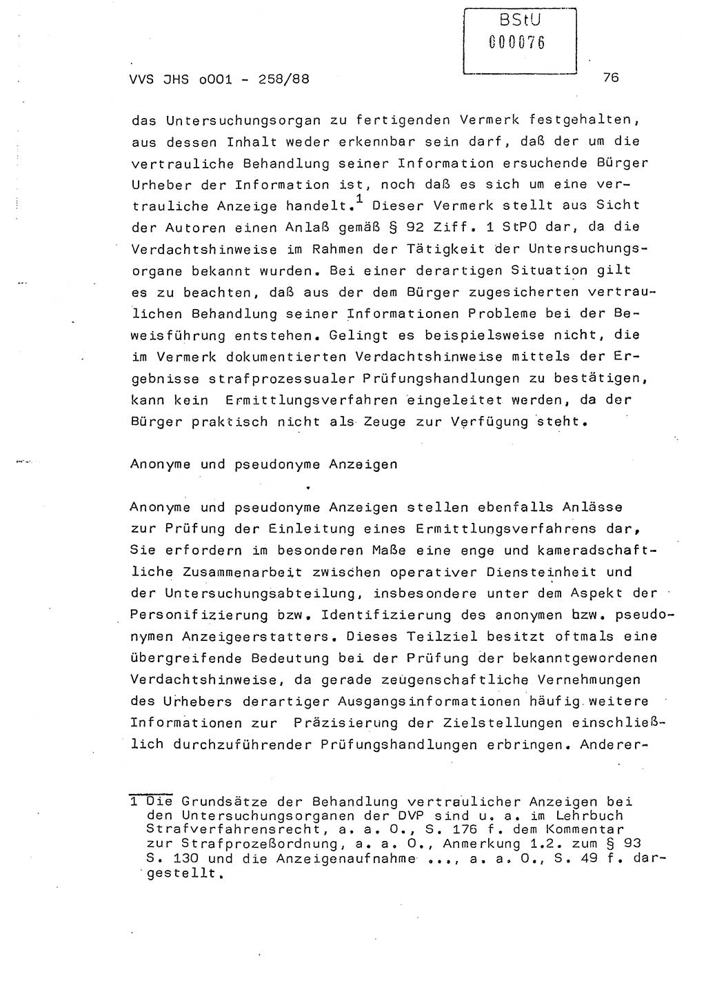 Dissertation, Oberleutnant Uwe Kärsten (JHS), Hauptmann Dr. Joachim Henkel (JHS), Oberstleutnant Werner Mählitz (Leiter der Abt. Ⅸ BV Rostock), Oberstleutnant Jürgen Tröge (HA Ⅸ/AKG), Oberstleutnant Winfried Ziegler (HA Ⅸ/9), Major Wolf-Rüdiger Wurzler (JHS), Ministerium für Staatssicherheit (MfS) [Deutsche Demokratische Republik (DDR)], Juristische Hochschule (JHS), Vertrauliche Verschlußsache (VVS) o001-258/88, Potsdam 1988, Seite 76 (Diss. MfS DDR JHS VVS o001-258/88 1988, S. 76)