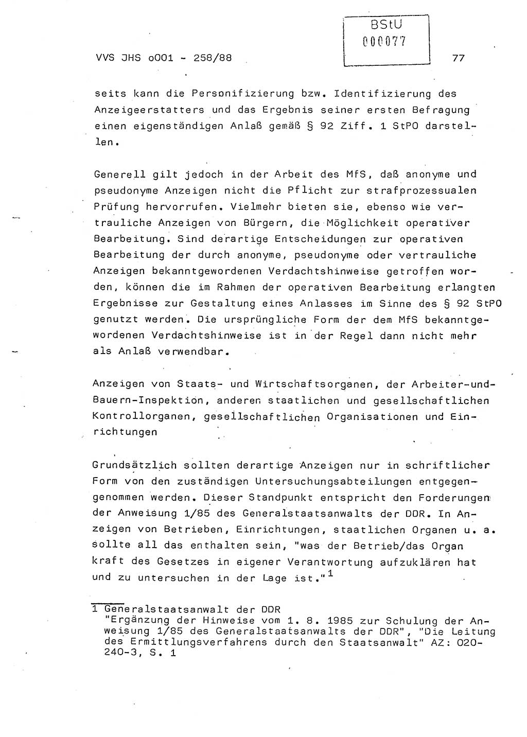 Dissertation, Oberleutnant Uwe Kärsten (JHS), Hauptmann Dr. Joachim Henkel (JHS), Oberstleutnant Werner Mählitz (Leiter der Abt. Ⅸ BV Rostock), Oberstleutnant Jürgen Tröge (HA Ⅸ/AKG), Oberstleutnant Winfried Ziegler (HA Ⅸ/9), Major Wolf-Rüdiger Wurzler (JHS), Ministerium für Staatssicherheit (MfS) [Deutsche Demokratische Republik (DDR)], Juristische Hochschule (JHS), Vertrauliche Verschlußsache (VVS) o001-258/88, Potsdam 1988, Seite 77 (Diss. MfS DDR JHS VVS o001-258/88 1988, S. 77)