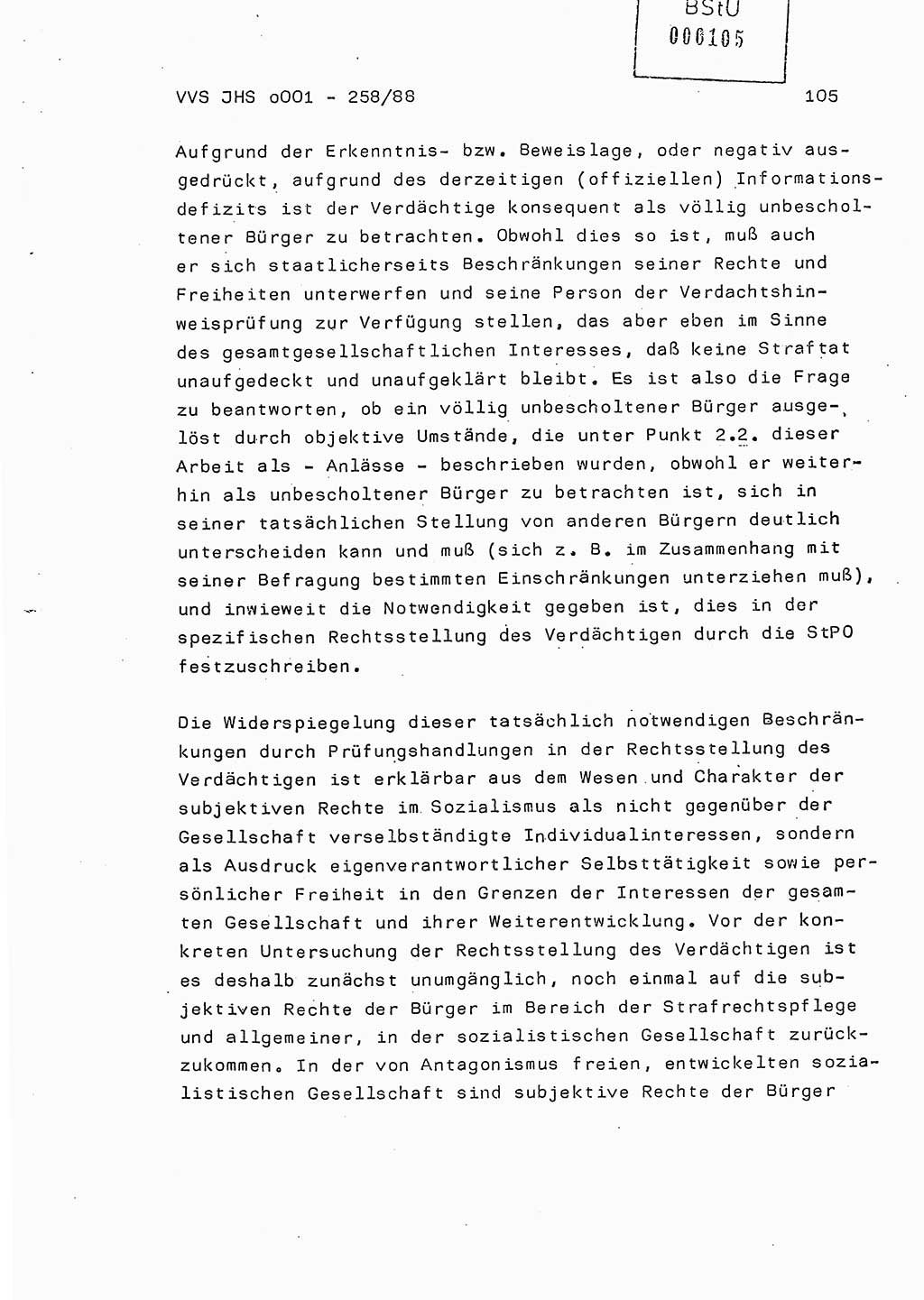 Dissertation, Oberleutnant Uwe Kärsten (JHS), Hauptmann Dr. Joachim Henkel (JHS), Oberstleutnant Werner Mählitz (Leiter der Abt. Ⅸ BV Rostock), Oberstleutnant Jürgen Tröge (HA Ⅸ/AKG), Oberstleutnant Winfried Ziegler (HA Ⅸ/9), Major Wolf-Rüdiger Wurzler (JHS), Ministerium für Staatssicherheit (MfS) [Deutsche Demokratische Republik (DDR)], Juristische Hochschule (JHS), Vertrauliche Verschlußsache (VVS) o001-258/88, Potsdam 1988, Seite 105 (Diss. MfS DDR JHS VVS o001-258/88 1988, S. 105)