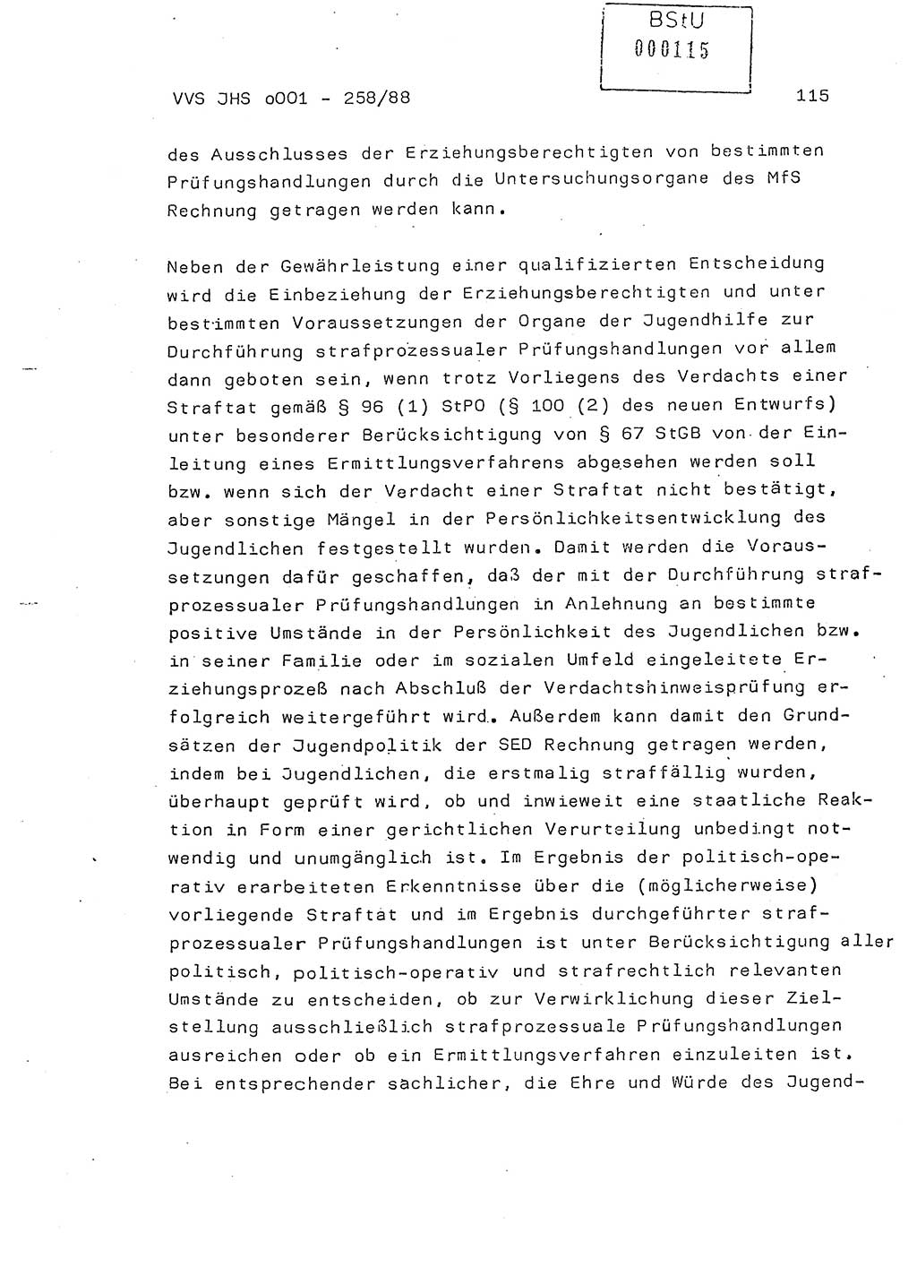 Dissertation, Oberleutnant Uwe Kärsten (JHS), Hauptmann Dr. Joachim Henkel (JHS), Oberstleutnant Werner Mählitz (Leiter der Abt. Ⅸ BV Rostock), Oberstleutnant Jürgen Tröge (HA Ⅸ/AKG), Oberstleutnant Winfried Ziegler (HA Ⅸ/9), Major Wolf-Rüdiger Wurzler (JHS), Ministerium für Staatssicherheit (MfS) [Deutsche Demokratische Republik (DDR)], Juristische Hochschule (JHS), Vertrauliche Verschlußsache (VVS) o001-258/88, Potsdam 1988, Seite 115 (Diss. MfS DDR JHS VVS o001-258/88 1988, S. 115)