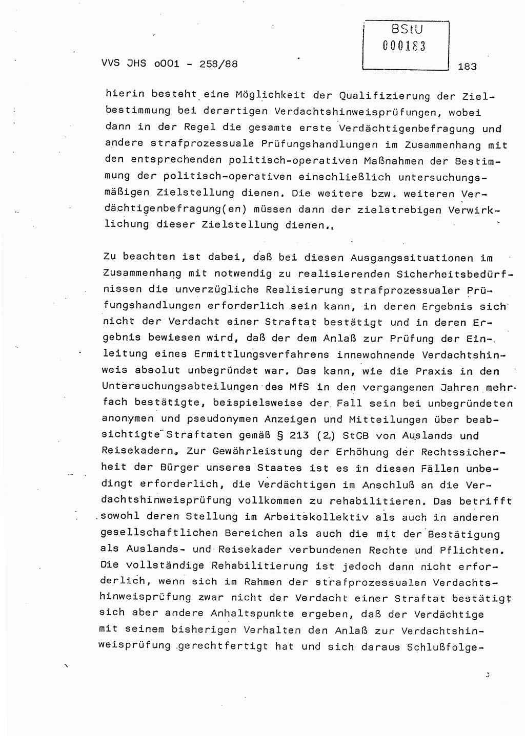 Dissertation, Oberleutnant Uwe Kärsten (JHS), Hauptmann Dr. Joachim Henkel (JHS), Oberstleutnant Werner Mählitz (Leiter der Abt. Ⅸ BV Rostock), Oberstleutnant Jürgen Tröge (HA Ⅸ/AKG), Oberstleutnant Winfried Ziegler (HA Ⅸ/9), Major Wolf-Rüdiger Wurzler (JHS), Ministerium für Staatssicherheit (MfS) [Deutsche Demokratische Republik (DDR)], Juristische Hochschule (JHS), Vertrauliche Verschlußsache (VVS) o001-258/88, Potsdam 1988, Seite 183 (Diss. MfS DDR JHS VVS o001-258/88 1988, S. 183)