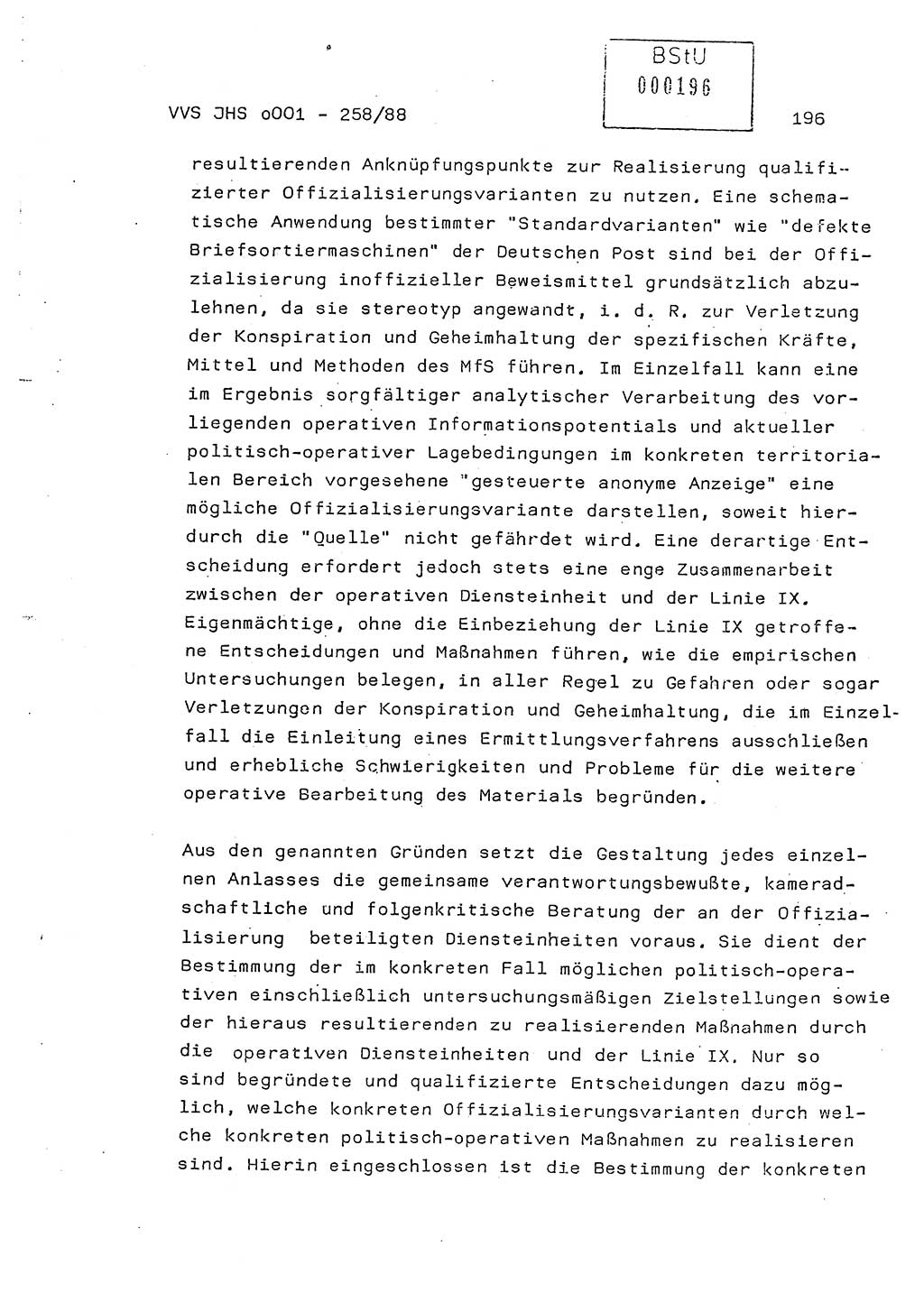 Dissertation, Oberleutnant Uwe Kärsten (JHS), Hauptmann Dr. Joachim Henkel (JHS), Oberstleutnant Werner Mählitz (Leiter der Abt. Ⅸ BV Rostock), Oberstleutnant Jürgen Tröge (HA Ⅸ/AKG), Oberstleutnant Winfried Ziegler (HA Ⅸ/9), Major Wolf-Rüdiger Wurzler (JHS), Ministerium für Staatssicherheit (MfS) [Deutsche Demokratische Republik (DDR)], Juristische Hochschule (JHS), Vertrauliche Verschlußsache (VVS) o001-258/88, Potsdam 1988, Seite 196 (Diss. MfS DDR JHS VVS o001-258/88 1988, S. 196)