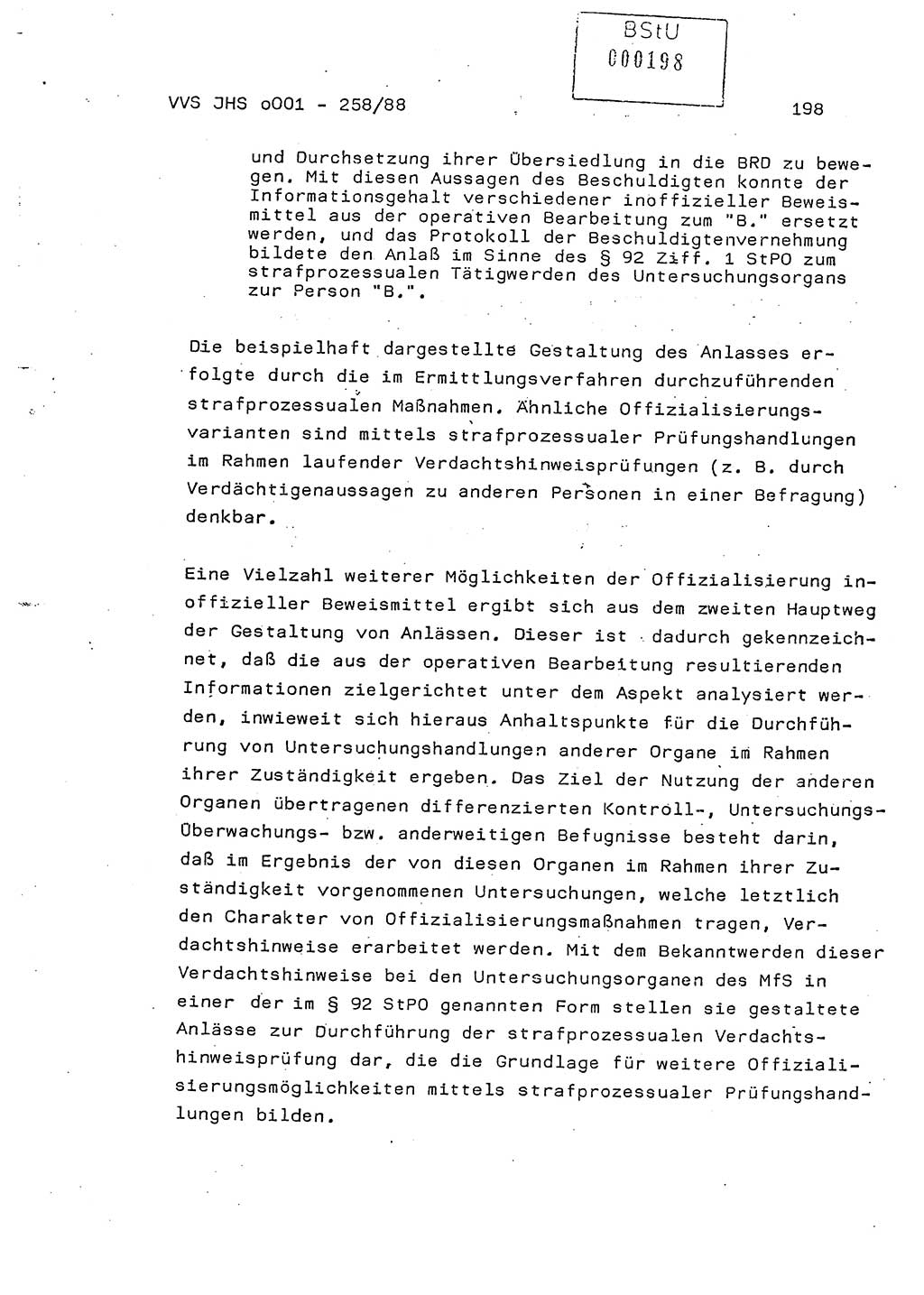 Dissertation, Oberleutnant Uwe Kärsten (JHS), Hauptmann Dr. Joachim Henkel (JHS), Oberstleutnant Werner Mählitz (Leiter der Abt. Ⅸ BV Rostock), Oberstleutnant Jürgen Tröge (HA Ⅸ/AKG), Oberstleutnant Winfried Ziegler (HA Ⅸ/9), Major Wolf-Rüdiger Wurzler (JHS), Ministerium für Staatssicherheit (MfS) [Deutsche Demokratische Republik (DDR)], Juristische Hochschule (JHS), Vertrauliche Verschlußsache (VVS) o001-258/88, Potsdam 1988, Seite 198 (Diss. MfS DDR JHS VVS o001-258/88 1988, S. 198)