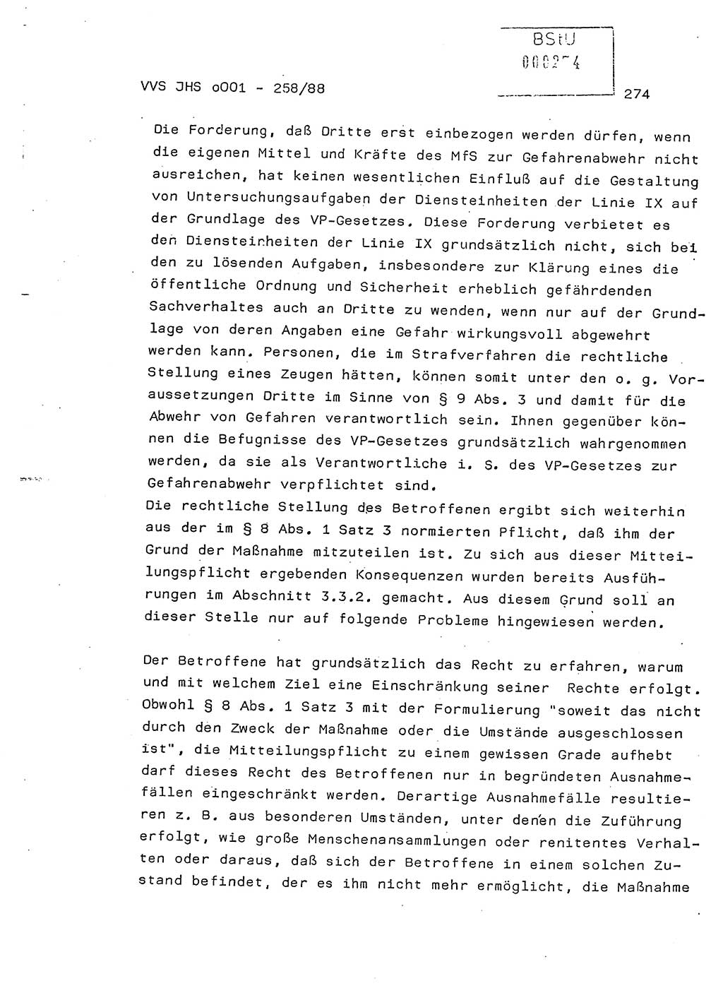 Dissertation, Oberleutnant Uwe Kärsten (JHS), Hauptmann Dr. Joachim Henkel (JHS), Oberstleutnant Werner Mählitz (Leiter der Abt. Ⅸ BV Rostock), Oberstleutnant Jürgen Tröge (HA Ⅸ/AKG), Oberstleutnant Winfried Ziegler (HA Ⅸ/9), Major Wolf-Rüdiger Wurzler (JHS), Ministerium für Staatssicherheit (MfS) [Deutsche Demokratische Republik (DDR)], Juristische Hochschule (JHS), Vertrauliche Verschlußsache (VVS) o001-258/88, Potsdam 1988, Seite 274 (Diss. MfS DDR JHS VVS o001-258/88 1988, S. 274)