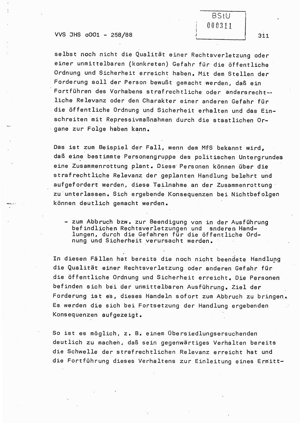 Dissertation, Oberleutnant Uwe Kärsten (JHS), Hauptmann Dr. Joachim Henkel (JHS), Oberstleutnant Werner Mählitz (Leiter der Abt. Ⅸ BV Rostock), Oberstleutnant Jürgen Tröge (HA Ⅸ/AKG), Oberstleutnant Winfried Ziegler (HA Ⅸ/9), Major Wolf-Rüdiger Wurzler (JHS), Ministerium für Staatssicherheit (MfS) [Deutsche Demokratische Republik (DDR)], Juristische Hochschule (JHS), Vertrauliche Verschlußsache (VVS) o001-258/88, Potsdam 1988, Seite 311 (Diss. MfS DDR JHS VVS o001-258/88 1988, S. 311)