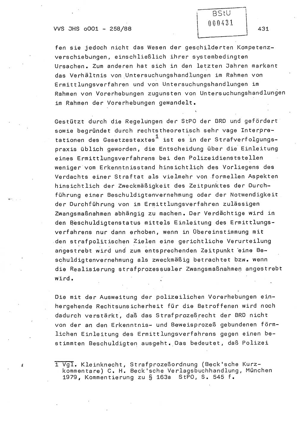 Dissertation, Oberleutnant Uwe Kärsten (JHS), Hauptmann Dr. Joachim Henkel (JHS), Oberstleutnant Werner Mählitz (Leiter der Abt. Ⅸ BV Rostock), Oberstleutnant Jürgen Tröge (HA Ⅸ/AKG), Oberstleutnant Winfried Ziegler (HA Ⅸ/9), Major Wolf-Rüdiger Wurzler (JHS), Ministerium für Staatssicherheit (MfS) [Deutsche Demokratische Republik (DDR)], Juristische Hochschule (JHS), Vertrauliche Verschlußsache (VVS) o001-258/88, Potsdam 1988, Seite 430 (Diss. MfS DDR JHS VVS o001-258/88 1988, S. 430)