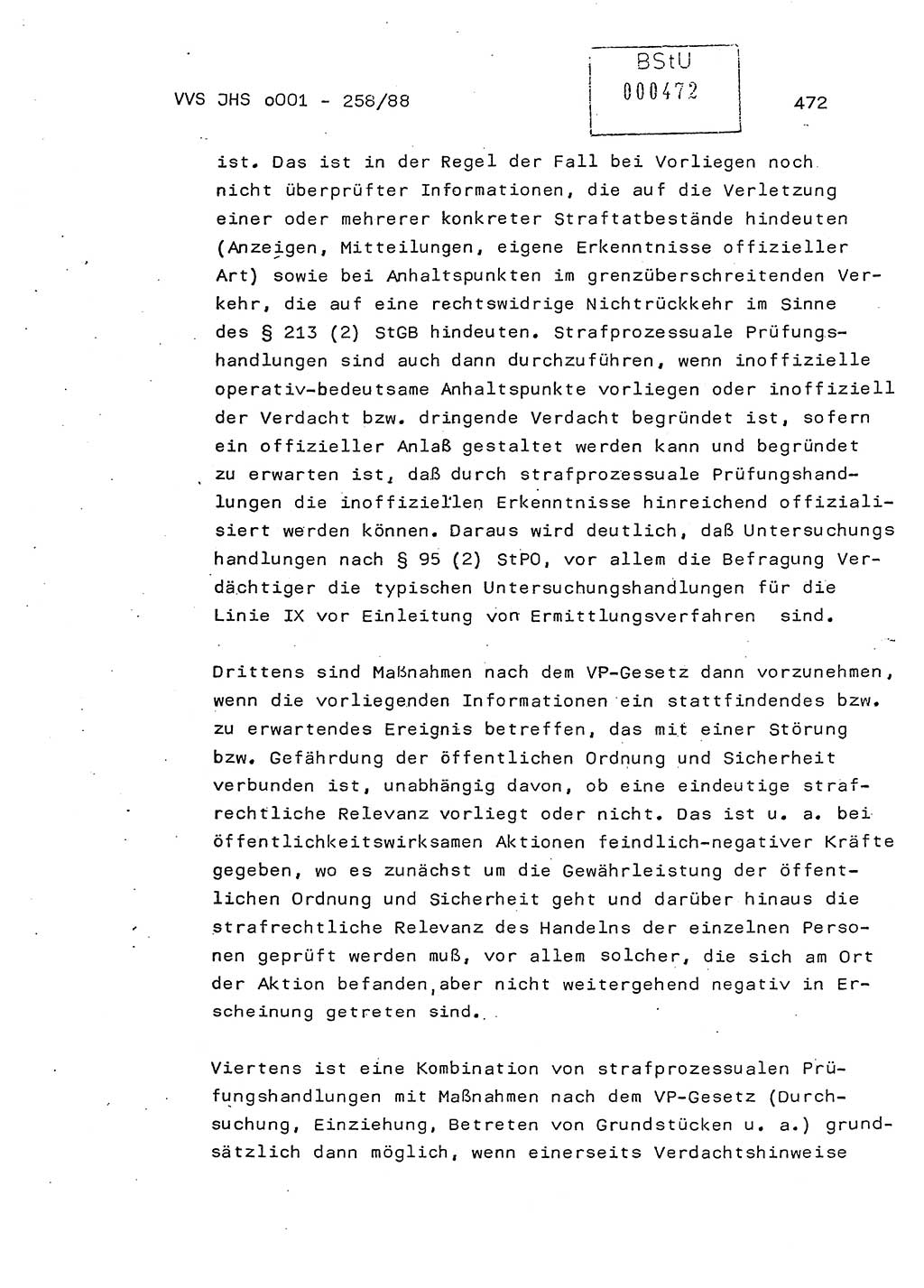 Dissertation, Oberleutnant Uwe Kärsten (JHS), Hauptmann Dr. Joachim Henkel (JHS), Oberstleutnant Werner Mählitz (Leiter der Abt. Ⅸ BV Rostock), Oberstleutnant Jürgen Tröge (HA Ⅸ/AKG), Oberstleutnant Winfried Ziegler (HA Ⅸ/9), Major Wolf-Rüdiger Wurzler (JHS), Ministerium für Staatssicherheit (MfS) [Deutsche Demokratische Republik (DDR)], Juristische Hochschule (JHS), Vertrauliche Verschlußsache (VVS) o001-258/88, Potsdam 1988, Seite 472 (Diss. MfS DDR JHS VVS o001-258/88 1988, S. 472)