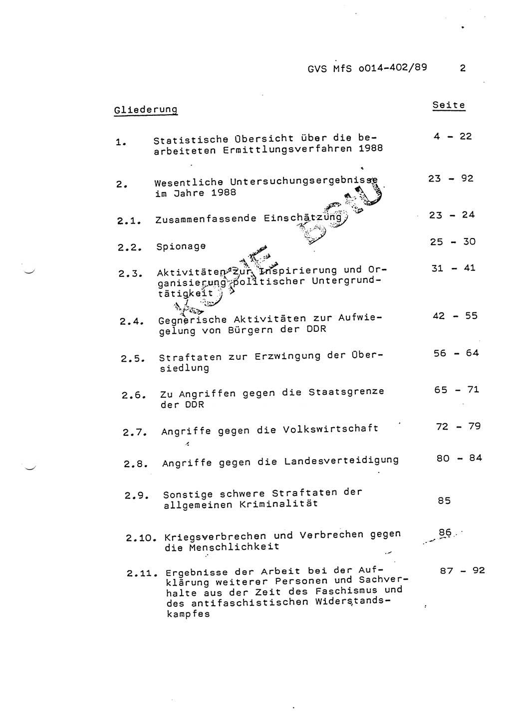 Jahresbericht der Hauptabteilung (HA) Ⅸ 1988, Einschätzung der Wirksamkeit der Untersuchungsarbeit und Leitungstätigkeit im Jahre 1988, Ministerium für Staatssicherheit (MfS) der Deutschen Demokratischen Republik (DDR), Hauptabteilung Ⅸ, Geheime Verschlußsache (GVS) o014-402/89, Berlin 1989, Seite 2 (Einsch. MfS DDR HA Ⅸ GVS o014-402/89 1988, S. 2)