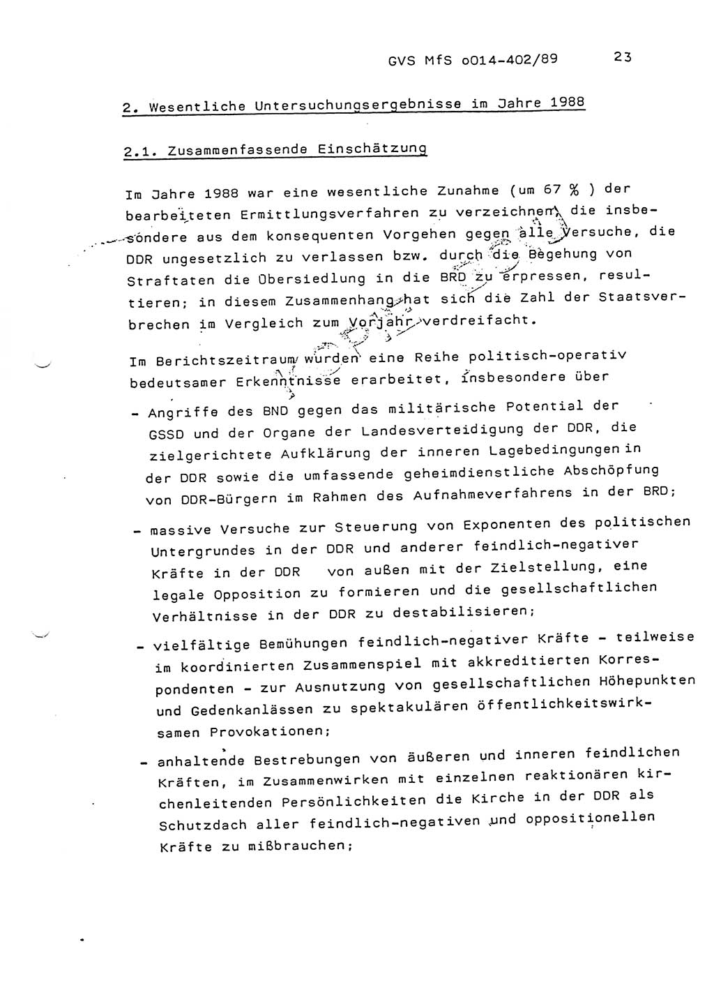 Jahresbericht der Hauptabteilung (HA) Ⅸ 1988, Einschätzung der Wirksamkeit der Untersuchungsarbeit und Leitungstätigkeit im Jahre 1988, Ministerium für Staatssicherheit (MfS) der Deutschen Demokratischen Republik (DDR), Hauptabteilung Ⅸ, Geheime Verschlußsache (GVS) o014-402/89, Berlin 1989, Seite 23 (Einsch. MfS DDR HA Ⅸ GVS o014-402/89 1988, S. 23)