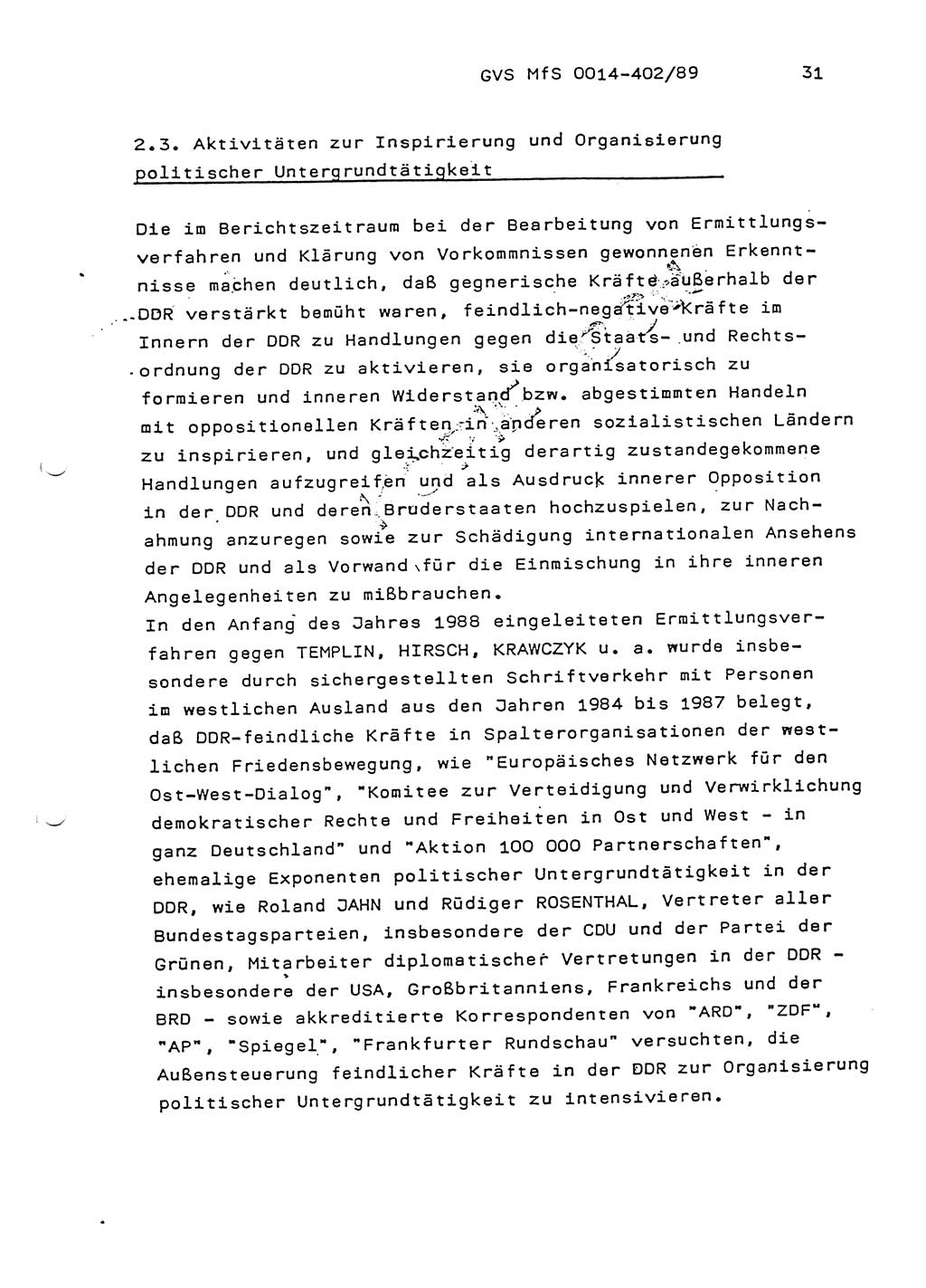 Jahresbericht der Hauptabteilung (HA) Ⅸ 1988, Einschätzung der Wirksamkeit der Untersuchungsarbeit und Leitungstätigkeit im Jahre 1988, Ministerium für Staatssicherheit (MfS) der Deutschen Demokratischen Republik (DDR), Hauptabteilung Ⅸ, Geheime Verschlußsache (GVS) o014-402/89, Berlin 1989, Seite 31 (Einsch. MfS DDR HA Ⅸ GVS o014-402/89 1988, S. 31)