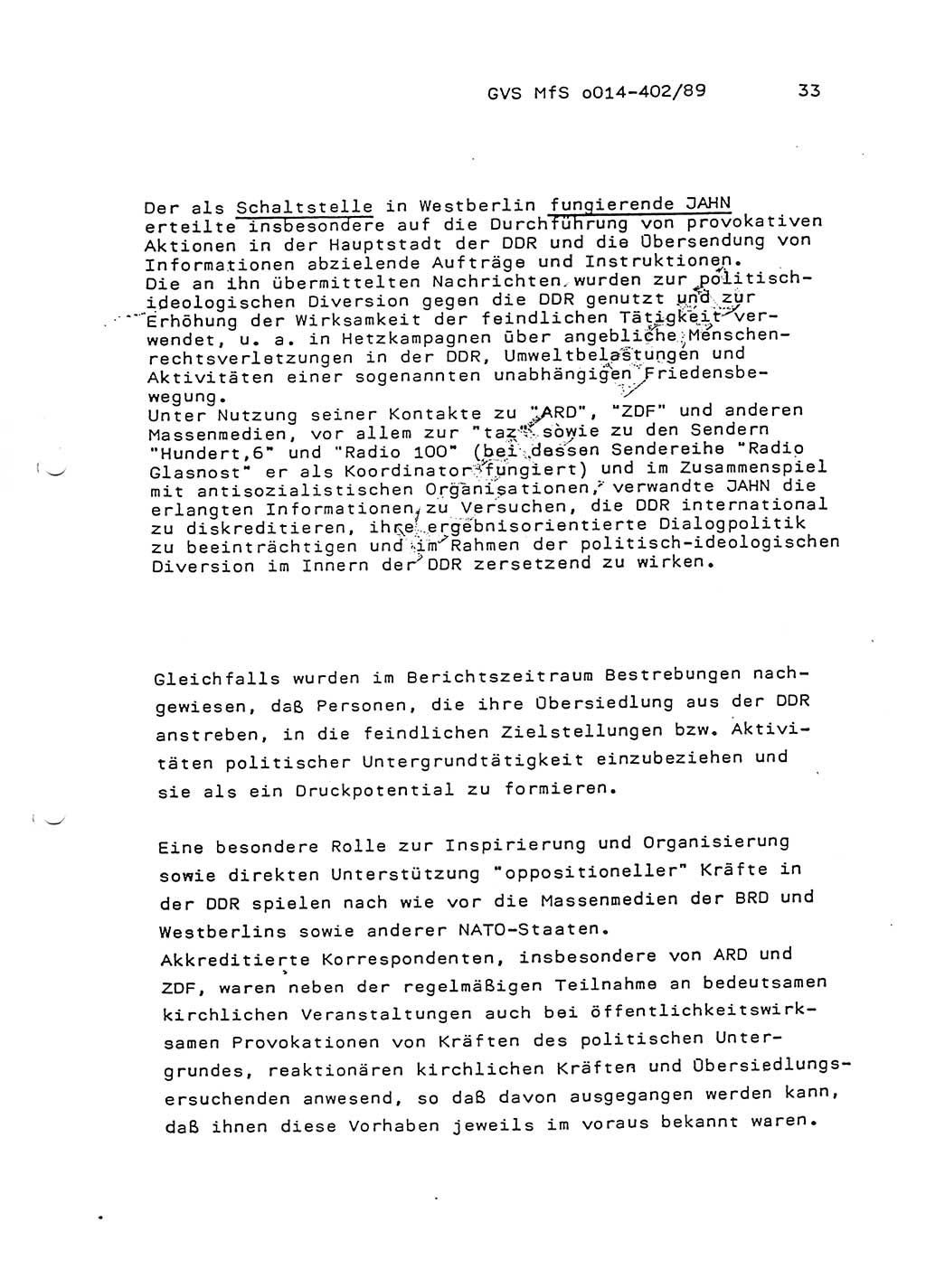 Jahresbericht der Hauptabteilung (HA) Ⅸ 1988, Einschätzung der Wirksamkeit der Untersuchungsarbeit und Leitungstätigkeit im Jahre 1988, Ministerium für Staatssicherheit (MfS) der Deutschen Demokratischen Republik (DDR), Hauptabteilung Ⅸ, Geheime Verschlußsache (GVS) o014-402/89, Berlin 1989, Seite 33 (Einsch. MfS DDR HA Ⅸ GVS o014-402/89 1988, S. 33)