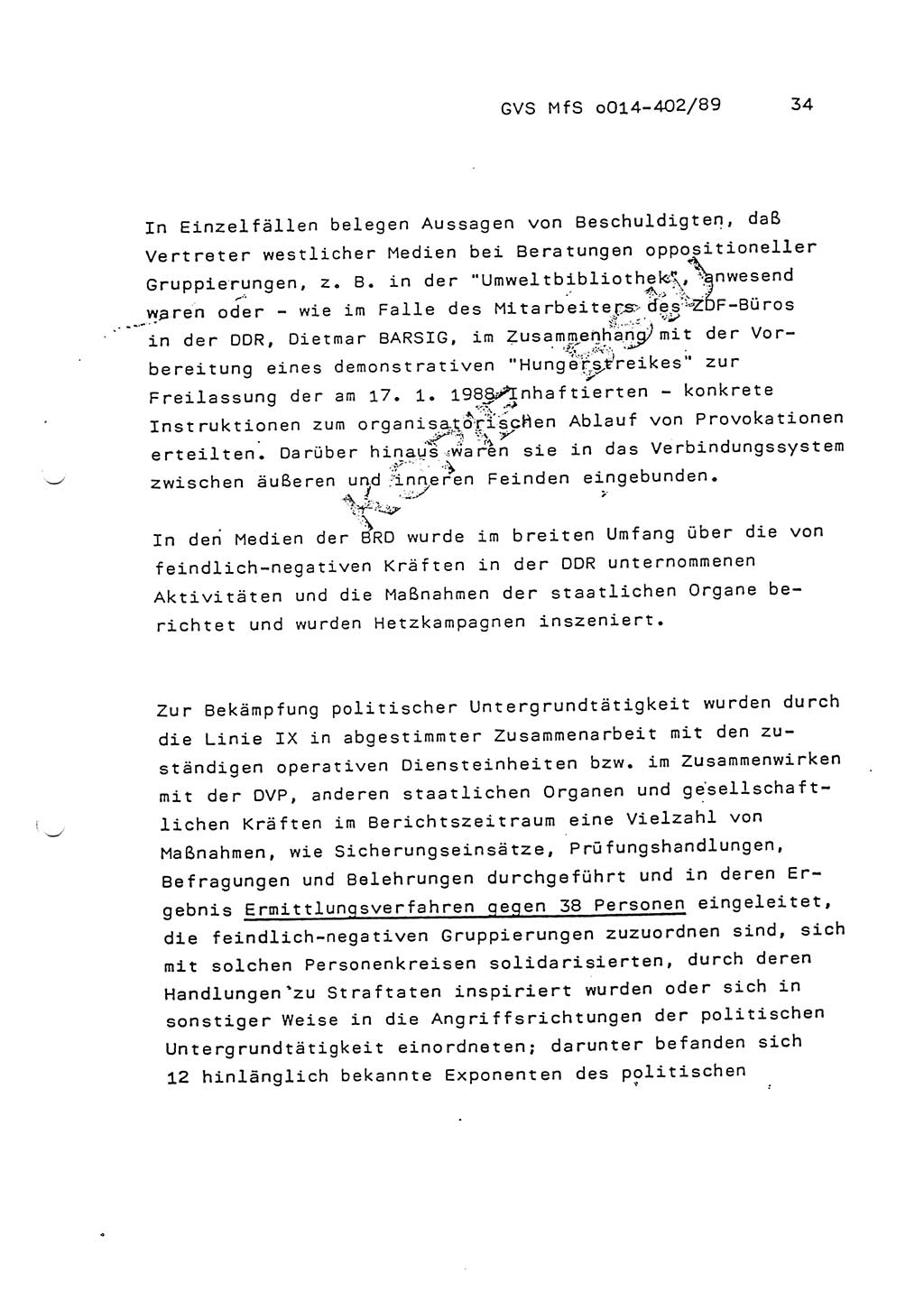 Jahresbericht der Hauptabteilung (HA) Ⅸ 1988, Einschätzung der Wirksamkeit der Untersuchungsarbeit und Leitungstätigkeit im Jahre 1988, Ministerium für Staatssicherheit (MfS) der Deutschen Demokratischen Republik (DDR), Hauptabteilung Ⅸ, Geheime Verschlußsache (GVS) o014-402/89, Berlin 1989, Seite 34 (Einsch. MfS DDR HA Ⅸ GVS o014-402/89 1988, S. 34)