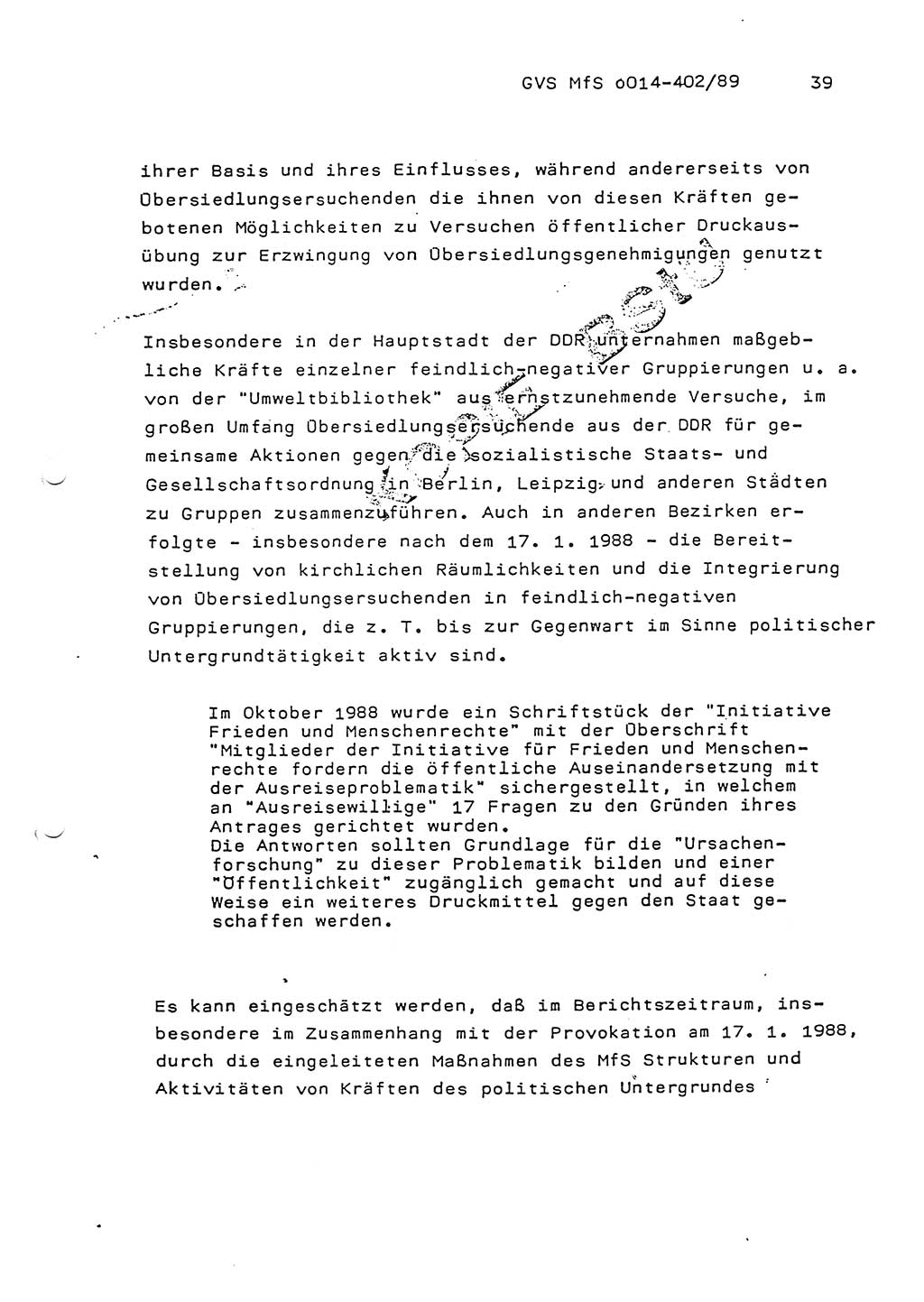 Jahresbericht der Hauptabteilung (HA) Ⅸ 1988, Einschätzung der Wirksamkeit der Untersuchungsarbeit und Leitungstätigkeit im Jahre 1988, Ministerium für Staatssicherheit (MfS) der Deutschen Demokratischen Republik (DDR), Hauptabteilung Ⅸ, Geheime Verschlußsache (GVS) o014-402/89, Berlin 1989, Seite 39 (Einsch. MfS DDR HA Ⅸ GVS o014-402/89 1988, S. 39)