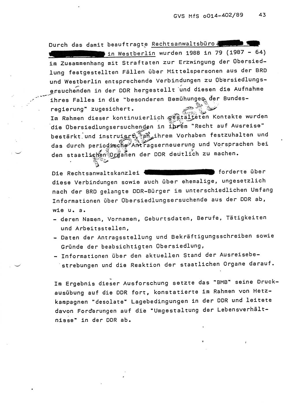 Jahresbericht der Hauptabteilung (HA) Ⅸ 1988, Einschätzung der Wirksamkeit der Untersuchungsarbeit und Leitungstätigkeit im Jahre 1988, Ministerium für Staatssicherheit (MfS) der Deutschen Demokratischen Republik (DDR), Hauptabteilung Ⅸ, Geheime Verschlußsache (GVS) o014-402/89, Berlin 1989, Seite 43 (Einsch. MfS DDR HA Ⅸ GVS o014-402/89 1988, S. 43)