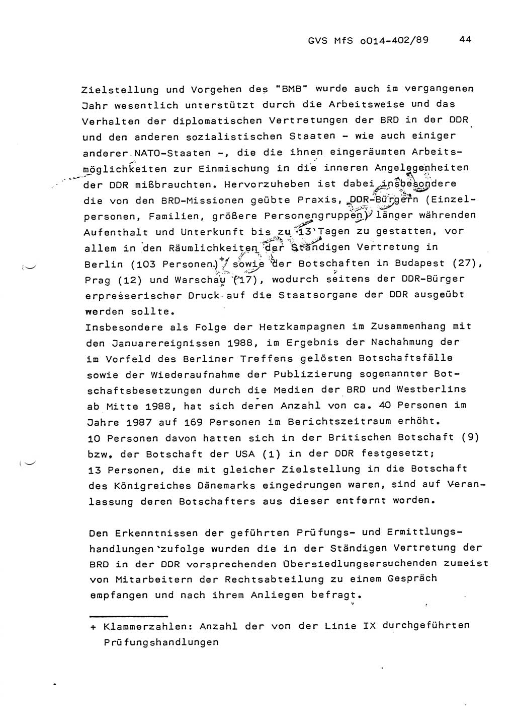 Jahresbericht der Hauptabteilung (HA) Ⅸ 1988, Einschätzung der Wirksamkeit der Untersuchungsarbeit und Leitungstätigkeit im Jahre 1988, Ministerium für Staatssicherheit (MfS) der Deutschen Demokratischen Republik (DDR), Hauptabteilung Ⅸ, Geheime Verschlußsache (GVS) o014-402/89, Berlin 1989, Seite 44 (Einsch. MfS DDR HA Ⅸ GVS o014-402/89 1988, S. 44)