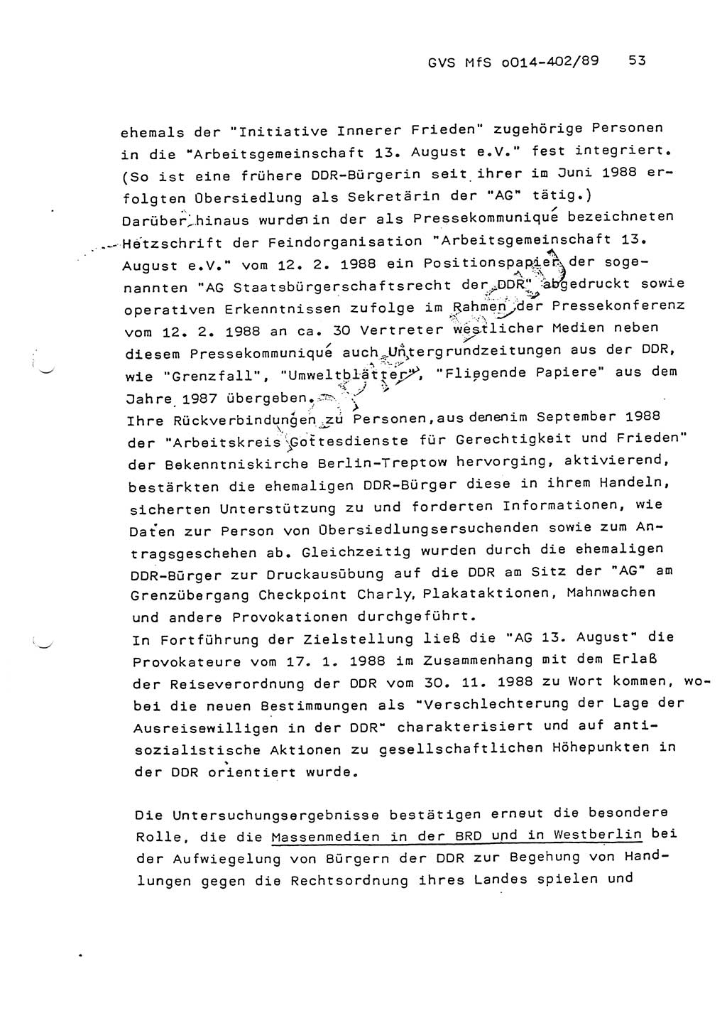 Jahresbericht der Hauptabteilung (HA) Ⅸ 1988, Einschätzung der Wirksamkeit der Untersuchungsarbeit und Leitungstätigkeit im Jahre 1988, Ministerium für Staatssicherheit (MfS) der Deutschen Demokratischen Republik (DDR), Hauptabteilung Ⅸ, Geheime Verschlußsache (GVS) o014-402/89, Berlin 1989, Seite 53 (Einsch. MfS DDR HA Ⅸ GVS o014-402/89 1988, S. 53)