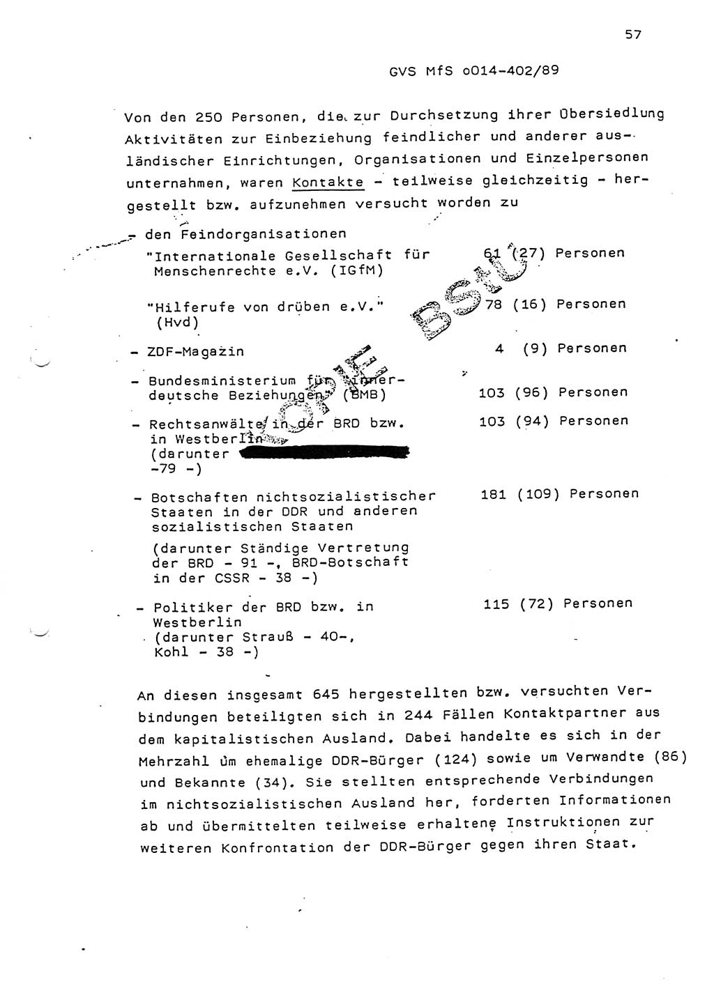 Jahresbericht der Hauptabteilung (HA) Ⅸ 1988, Einschätzung der Wirksamkeit der Untersuchungsarbeit und Leitungstätigkeit im Jahre 1988, Ministerium für Staatssicherheit (MfS) der Deutschen Demokratischen Republik (DDR), Hauptabteilung Ⅸ, Geheime Verschlußsache (GVS) o014-402/89, Berlin 1989, Seite 57 (Einsch. MfS DDR HA Ⅸ GVS o014-402/89 1988, S. 57)