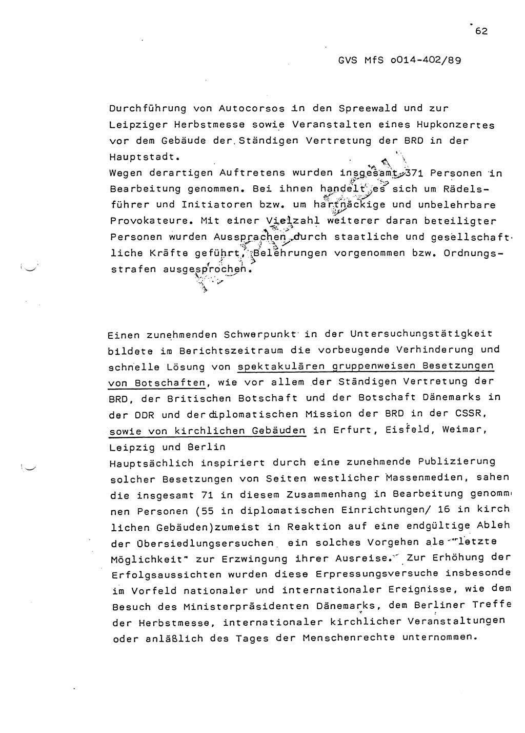 Jahresbericht der Hauptabteilung (HA) Ⅸ 1988, Einschätzung der Wirksamkeit der Untersuchungsarbeit und Leitungstätigkeit im Jahre 1988, Ministerium für Staatssicherheit (MfS) der Deutschen Demokratischen Republik (DDR), Hauptabteilung Ⅸ, Geheime Verschlußsache (GVS) o014-402/89, Berlin 1989, Seite 62 (Einsch. MfS DDR HA Ⅸ GVS o014-402/89 1988, S. 62)