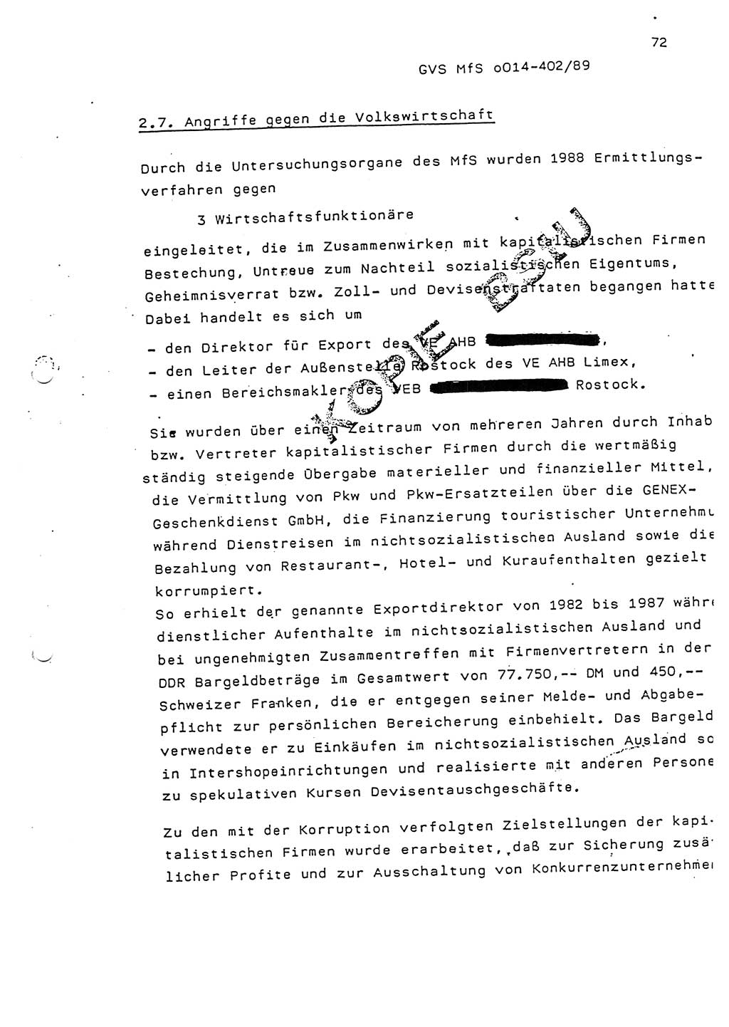 Jahresbericht der Hauptabteilung (HA) Ⅸ 1988, Einschätzung der Wirksamkeit der Untersuchungsarbeit und Leitungstätigkeit im Jahre 1988, Ministerium für Staatssicherheit (MfS) der Deutschen Demokratischen Republik (DDR), Hauptabteilung Ⅸ, Geheime Verschlußsache (GVS) o014-402/89, Berlin 1989, Seite 72 (Einsch. MfS DDR HA Ⅸ GVS o014-402/89 1988, S. 72)