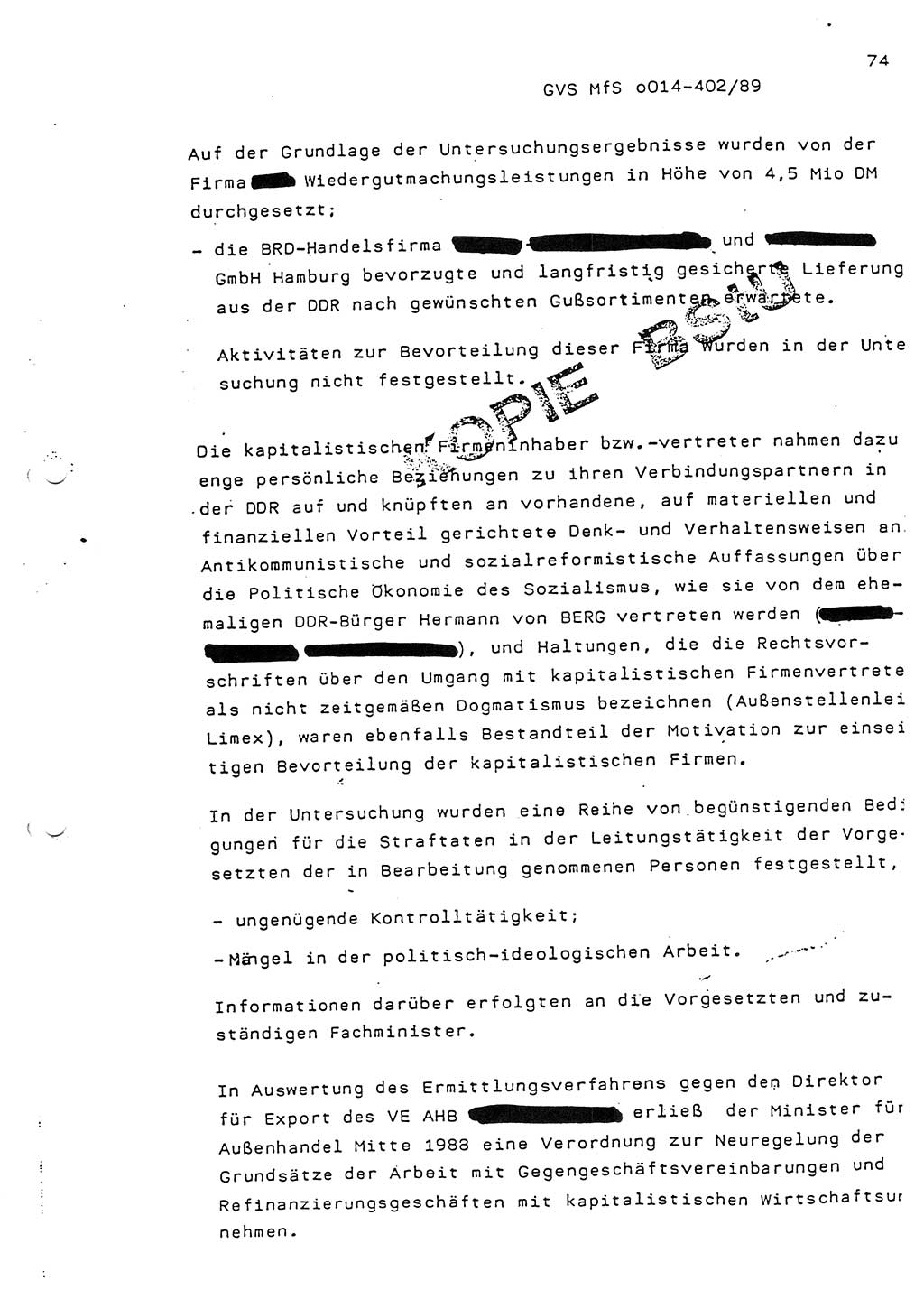 Jahresbericht der Hauptabteilung (HA) Ⅸ 1988, Einschätzung der Wirksamkeit der Untersuchungsarbeit und Leitungstätigkeit im Jahre 1988, Ministerium für Staatssicherheit (MfS) der Deutschen Demokratischen Republik (DDR), Hauptabteilung Ⅸ, Geheime Verschlußsache (GVS) o014-402/89, Berlin 1989, Seite 74 (Einsch. MfS DDR HA Ⅸ GVS o014-402/89 1988, S. 74)