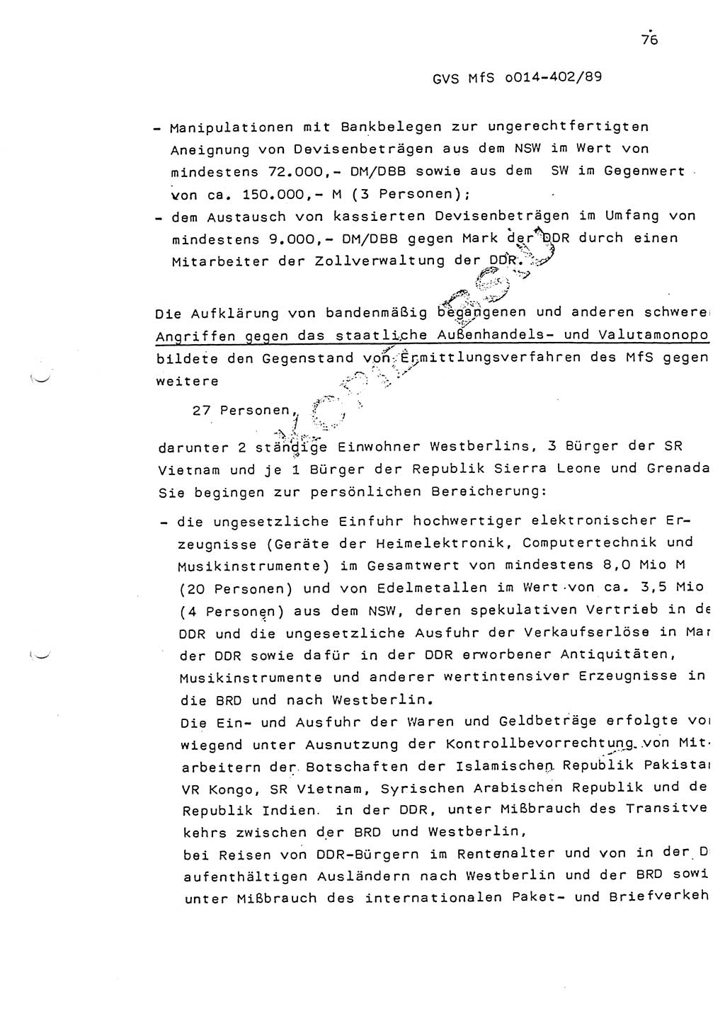 Jahresbericht der Hauptabteilung (HA) Ⅸ 1988, Einschätzung der Wirksamkeit der Untersuchungsarbeit und Leitungstätigkeit im Jahre 1988, Ministerium für Staatssicherheit (MfS) der Deutschen Demokratischen Republik (DDR), Hauptabteilung Ⅸ, Geheime Verschlußsache (GVS) o014-402/89, Berlin 1989, Seite 76 (Einsch. MfS DDR HA Ⅸ GVS o014-402/89 1988, S. 76)