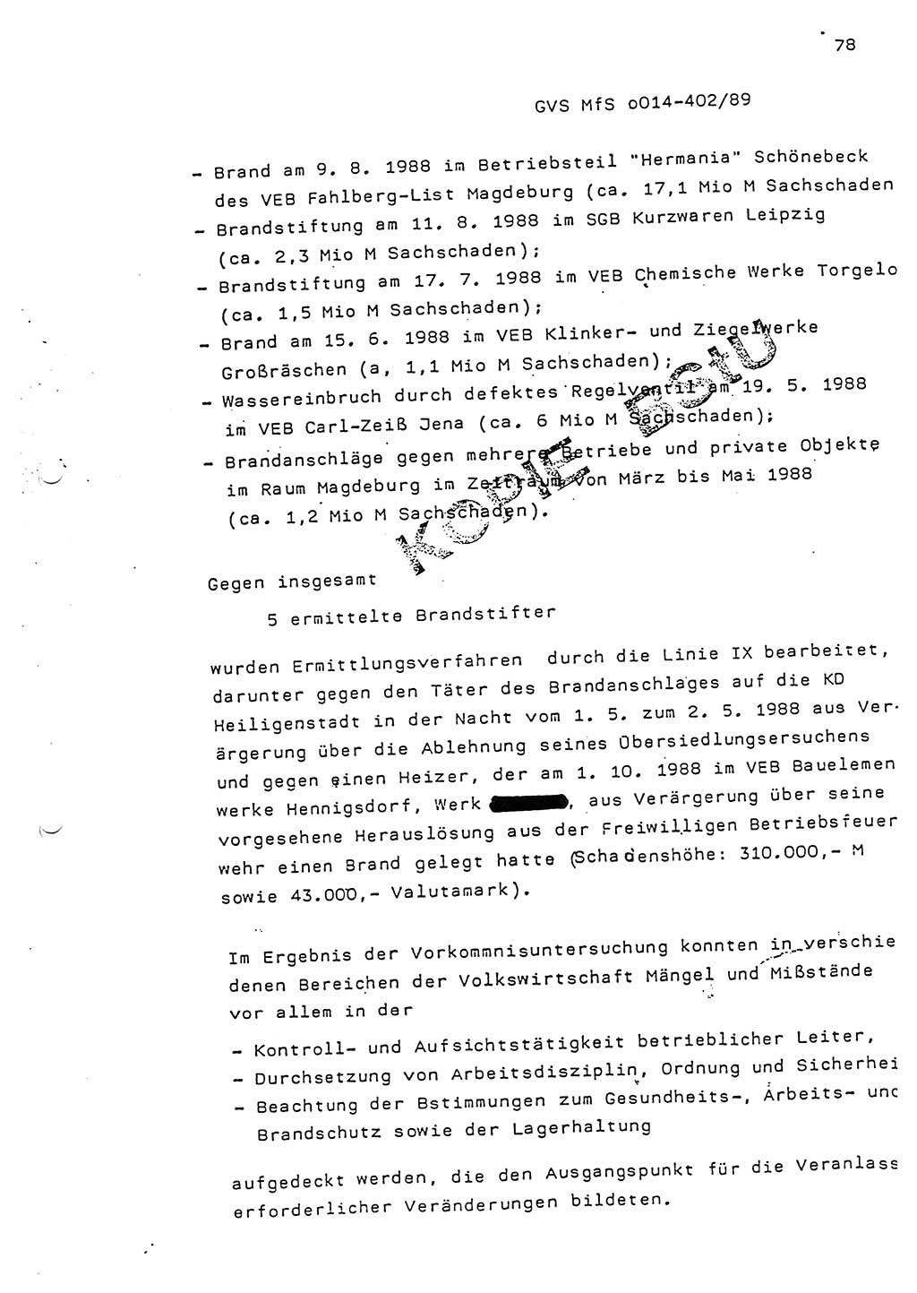 Jahresbericht der Hauptabteilung (HA) Ⅸ 1988, Einschätzung der Wirksamkeit der Untersuchungsarbeit und Leitungstätigkeit im Jahre 1988, Ministerium für Staatssicherheit (MfS) der Deutschen Demokratischen Republik (DDR), Hauptabteilung Ⅸ, Geheime Verschlußsache (GVS) o014-402/89, Berlin 1989, Seite 78 (Einsch. MfS DDR HA Ⅸ GVS o014-402/89 1988, S. 78)