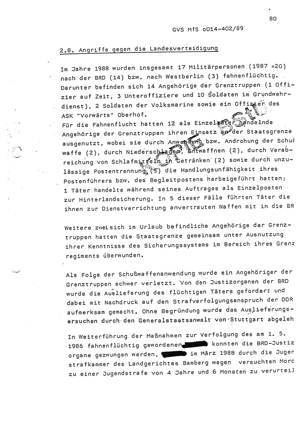 Jahresbericht der Hauptabteilung (HA) Ⅸ 1988, Einschätzung der Wirksamkeit der Untersuchungsarbeit und Leitungstätigkeit im Jahre 1988, Ministerium für Staatssicherheit (MfS) der Deutschen Demokratischen Republik (DDR), Hauptabteilung Ⅸ, Geheime Verschlußsache (GVS) o014-402/89, Berlin 1989, Seite 80 (Einsch. MfS DDR HA Ⅸ GVS o014-402/89 1988, S. 80)