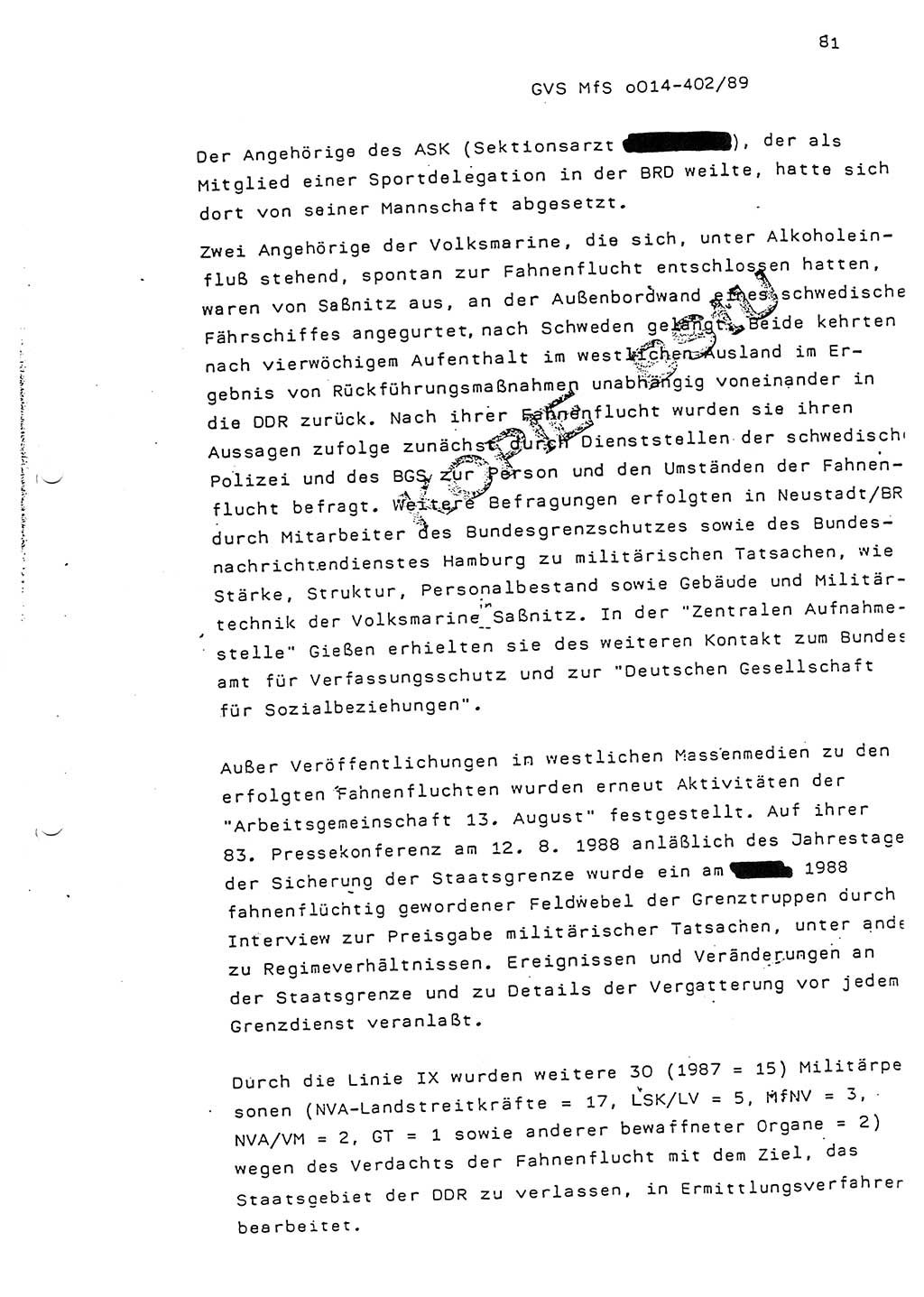 Jahresbericht der Hauptabteilung (HA) Ⅸ 1988, Einschätzung der Wirksamkeit der Untersuchungsarbeit und Leitungstätigkeit im Jahre 1988, Ministerium für Staatssicherheit (MfS) der Deutschen Demokratischen Republik (DDR), Hauptabteilung Ⅸ, Geheime Verschlußsache (GVS) o014-402/89, Berlin 1989, Seite 81 (Einsch. MfS DDR HA Ⅸ GVS o014-402/89 1988, S. 81)