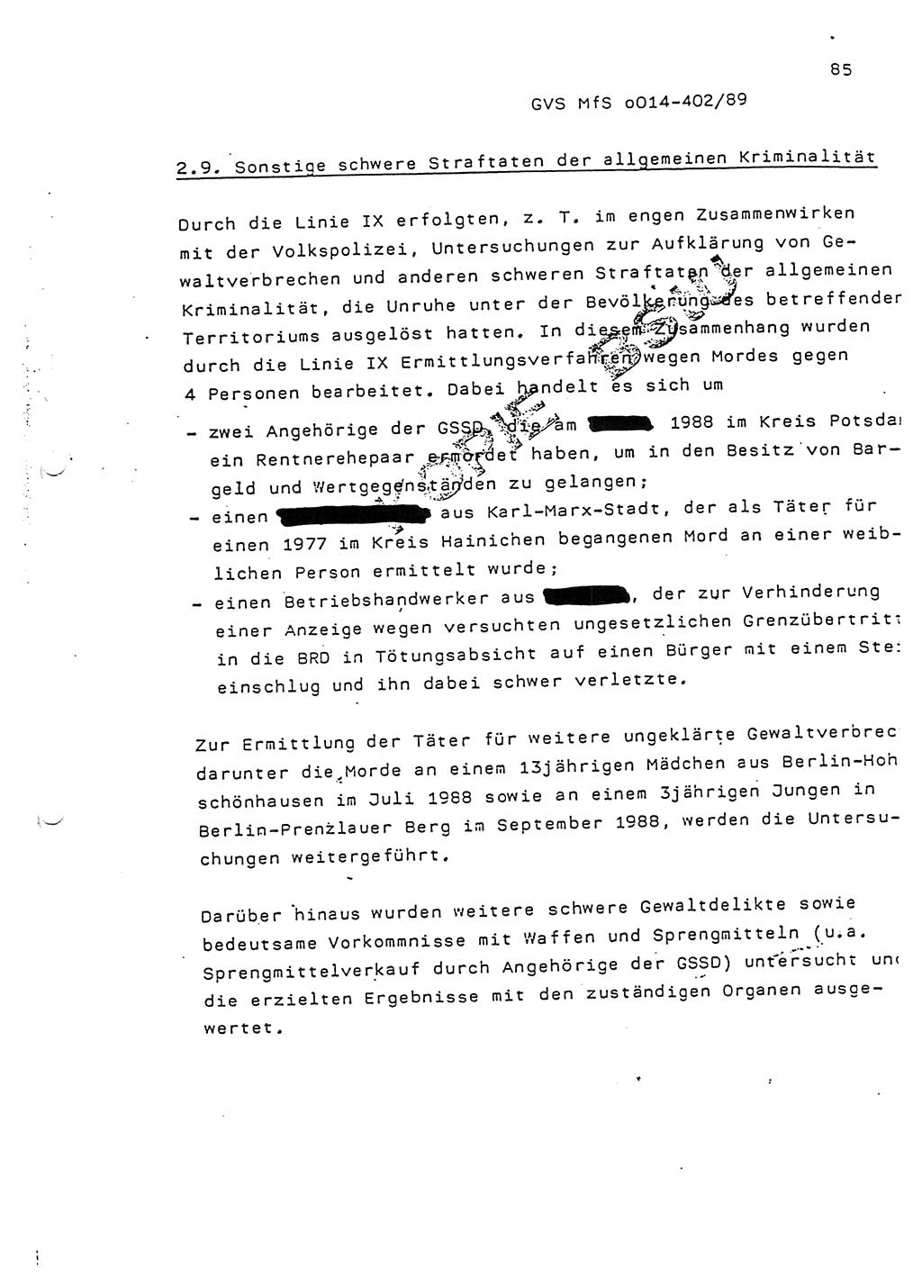 Jahresbericht der Hauptabteilung (HA) Ⅸ 1988, Einschätzung der Wirksamkeit der Untersuchungsarbeit und Leitungstätigkeit im Jahre 1988, Ministerium für Staatssicherheit (MfS) der Deutschen Demokratischen Republik (DDR), Hauptabteilung Ⅸ, Geheime Verschlußsache (GVS) o014-402/89, Berlin 1989, Seite 85 (Einsch. MfS DDR HA Ⅸ GVS o014-402/89 1988, S. 85)