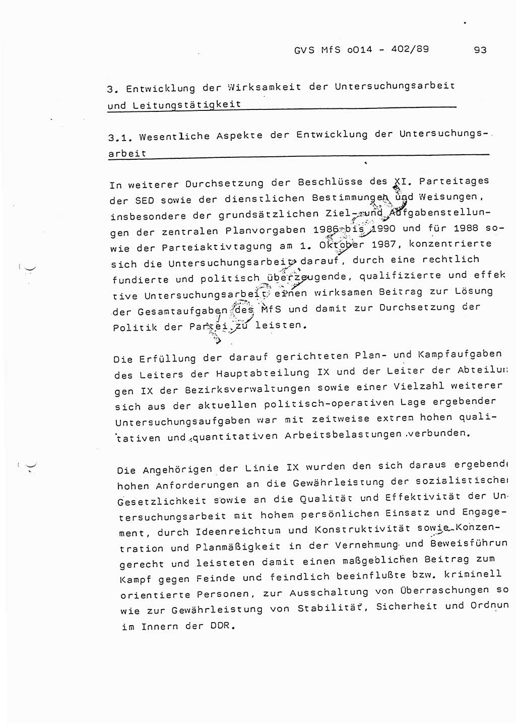 Jahresbericht der Hauptabteilung (HA) Ⅸ 1988, Einschätzung der Wirksamkeit der Untersuchungsarbeit und Leitungstätigkeit im Jahre 1988, Ministerium für Staatssicherheit (MfS) der Deutschen Demokratischen Republik (DDR), Hauptabteilung Ⅸ, Geheime Verschlußsache (GVS) o014-402/89, Berlin 1989, Seite 93 (Einsch. MfS DDR HA Ⅸ GVS o014-402/89 1988, S. 93)