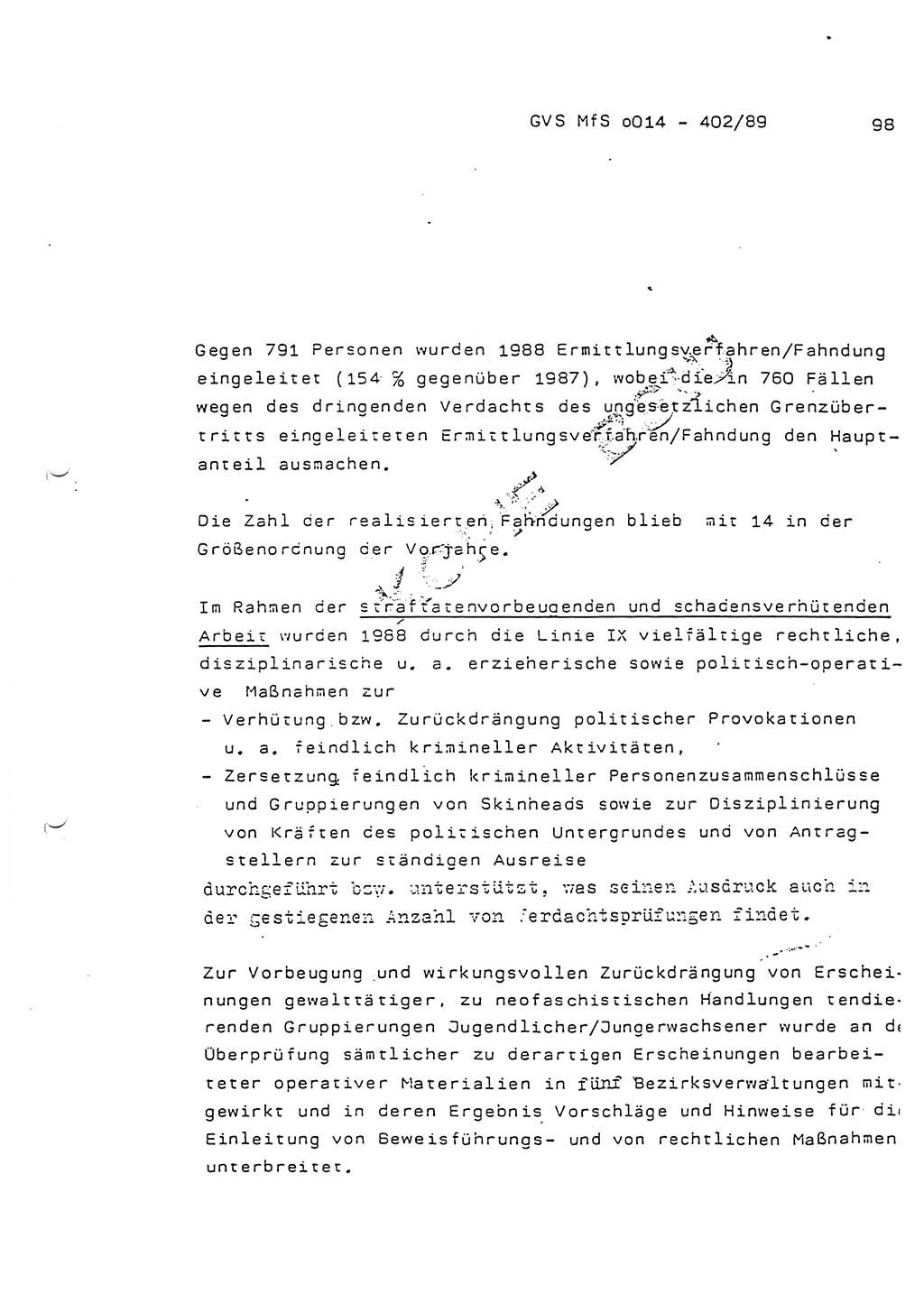 Jahresbericht der Hauptabteilung (HA) Ⅸ 1988, Einschätzung der Wirksamkeit der Untersuchungsarbeit und Leitungstätigkeit im Jahre 1988, Ministerium für Staatssicherheit (MfS) der Deutschen Demokratischen Republik (DDR), Hauptabteilung Ⅸ, Geheime Verschlußsache (GVS) o014-402/89, Berlin 1989, Seite 98 (Einsch. MfS DDR HA Ⅸ GVS o014-402/89 1988, S. 98)