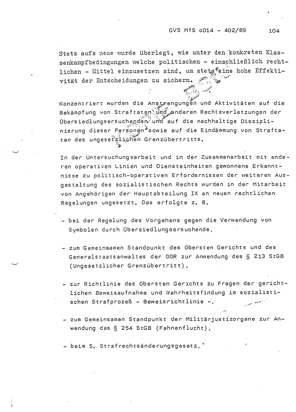 Jahresbericht der Hauptabteilung (HA) Ⅸ 1988, Einschätzung der Wirksamkeit der Untersuchungsarbeit und Leitungstätigkeit im Jahre 1988, Ministerium für Staatssicherheit (MfS) der Deutschen Demokratischen Republik (DDR), Hauptabteilung Ⅸ, Geheime Verschlußsache (GVS) o014-402/89, Berlin 1989, Seite 104 (Einsch. MfS DDR HA Ⅸ GVS o014-402/89 1988, S. 104)